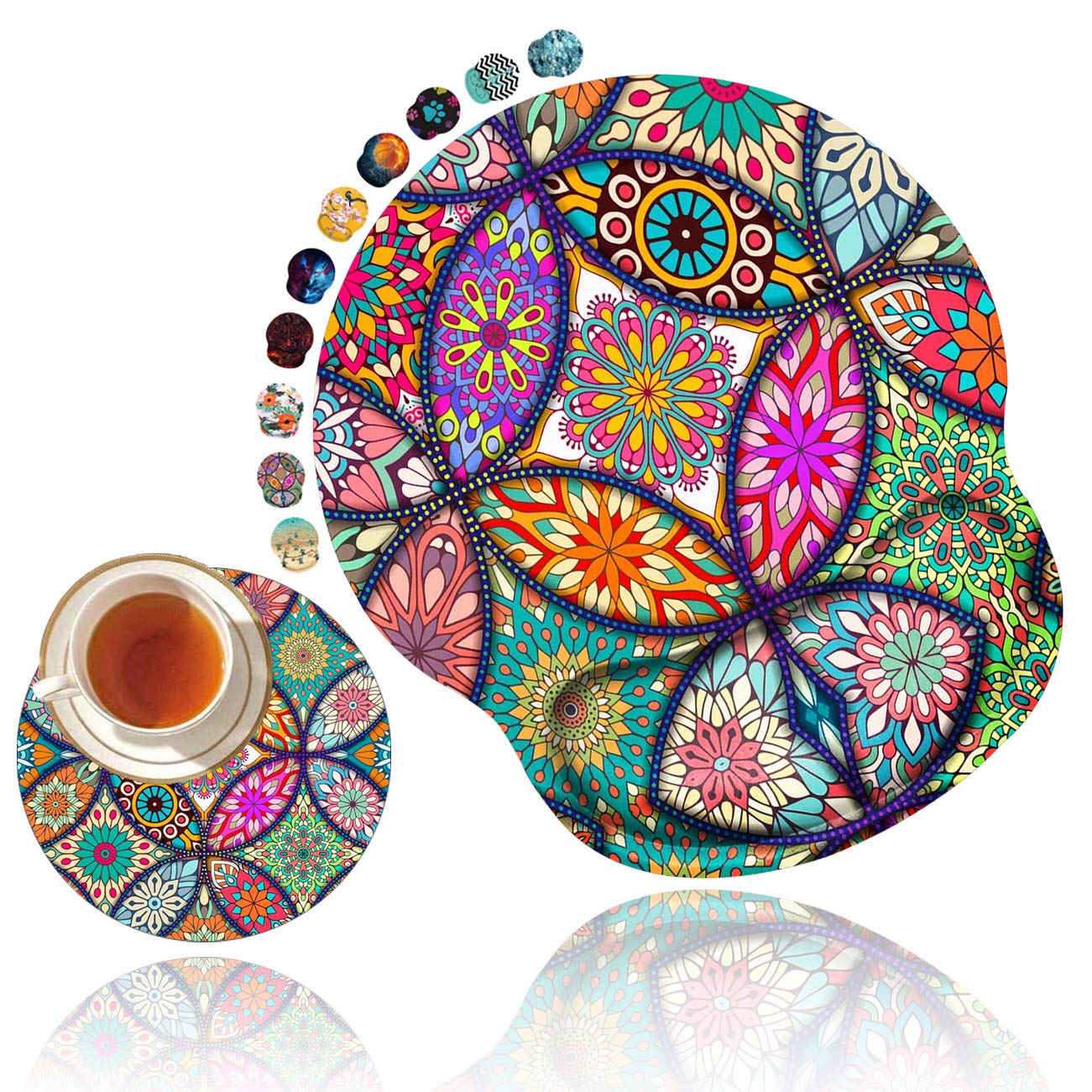 Ergonomic Mouse Pad with Gel Wrist Rest Support - Non-Slip PU Base for Pain Relief - Round Mandala Design Computer Mouse Mat for Office, Gaming & Work - Includes Bonus Mandala Cup Coaster (Perfect for Long Hours of Typing & PC Use)
