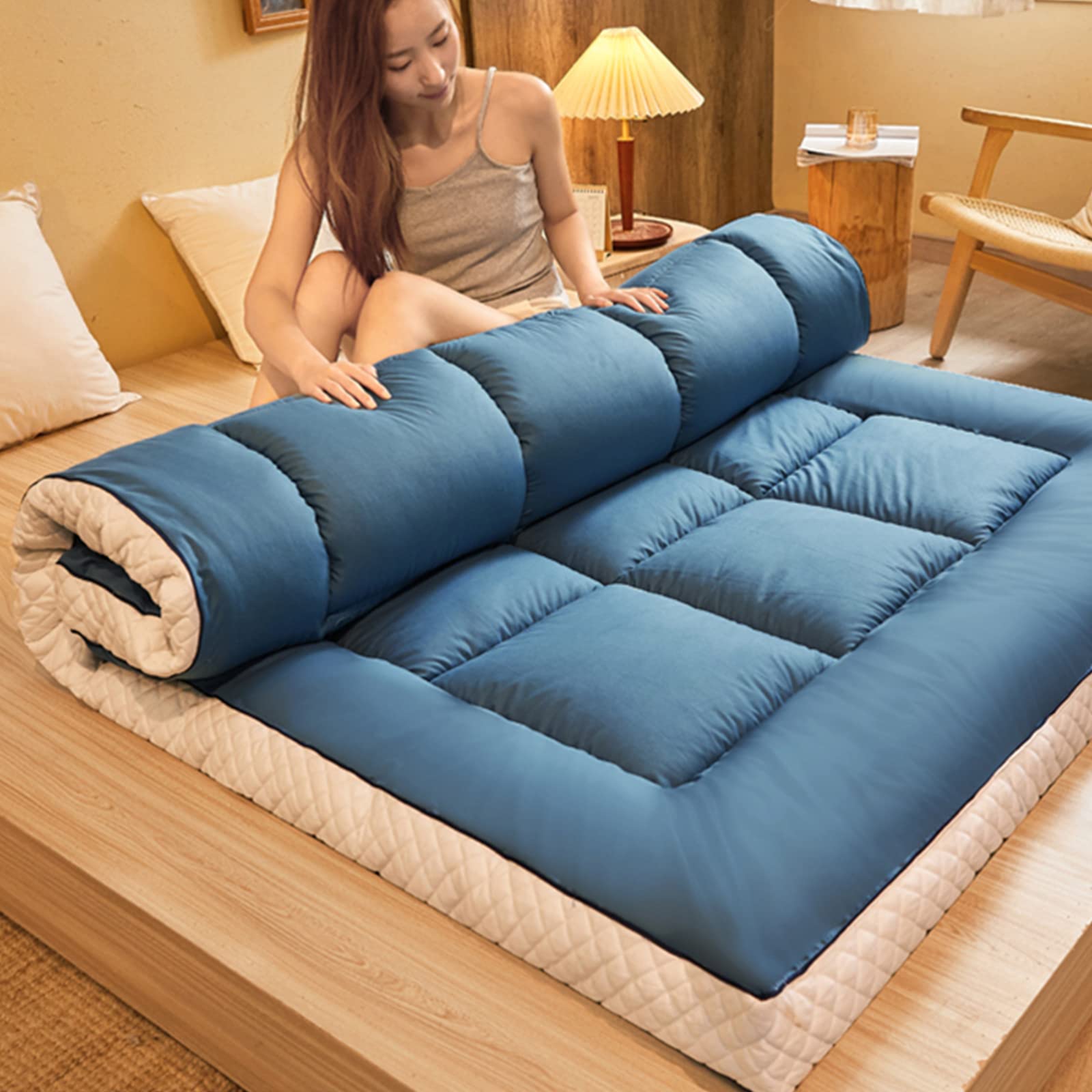 Japanese Futon Mattress - Thick Roll Up Winter Quilted Floor Mattress, Portable Folding Tatami Sleeping Pad for Camping, Couch & Guest Bed - Blue, 180x200cm (71x79inch) - Perfect for Small Spaces, Sleepovers & Travel