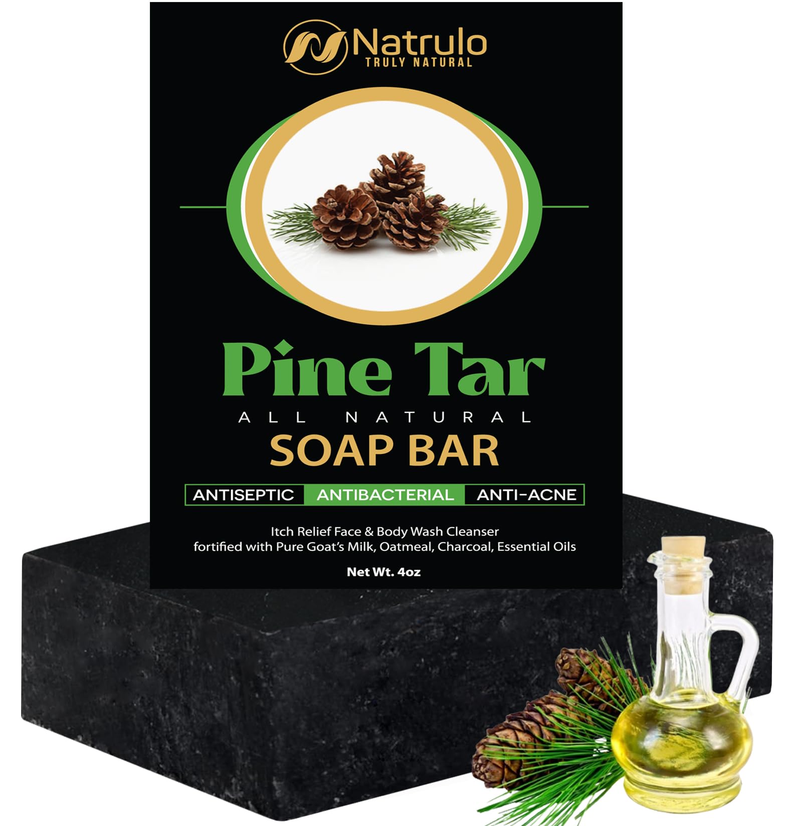 All Natural Pine Tar Soap Bar 4oz - Anti Acne, Eczema & Psoriasis Relief - Goat's Milk Soap with Oatmeal & Charcoal - Face & Body Cleanser for Itchy Skin - Made in USA - Perfect for Camping, Outdoor Activities & Sensitive Skin Care