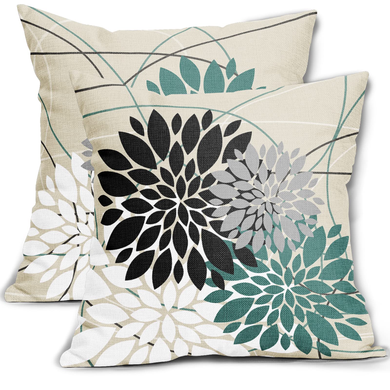Premium 18x18 Inch Black Teal Floral Pillow Covers - Elegant Dahlia Flower Design in White & Gray - Set of 2 Modern Farmhouse Square Cushion Cases for Sofa, Couch, Bed, Living Room & Outdoor Decor - Soft Linen Throw Pillows for Home Styling & Comfort