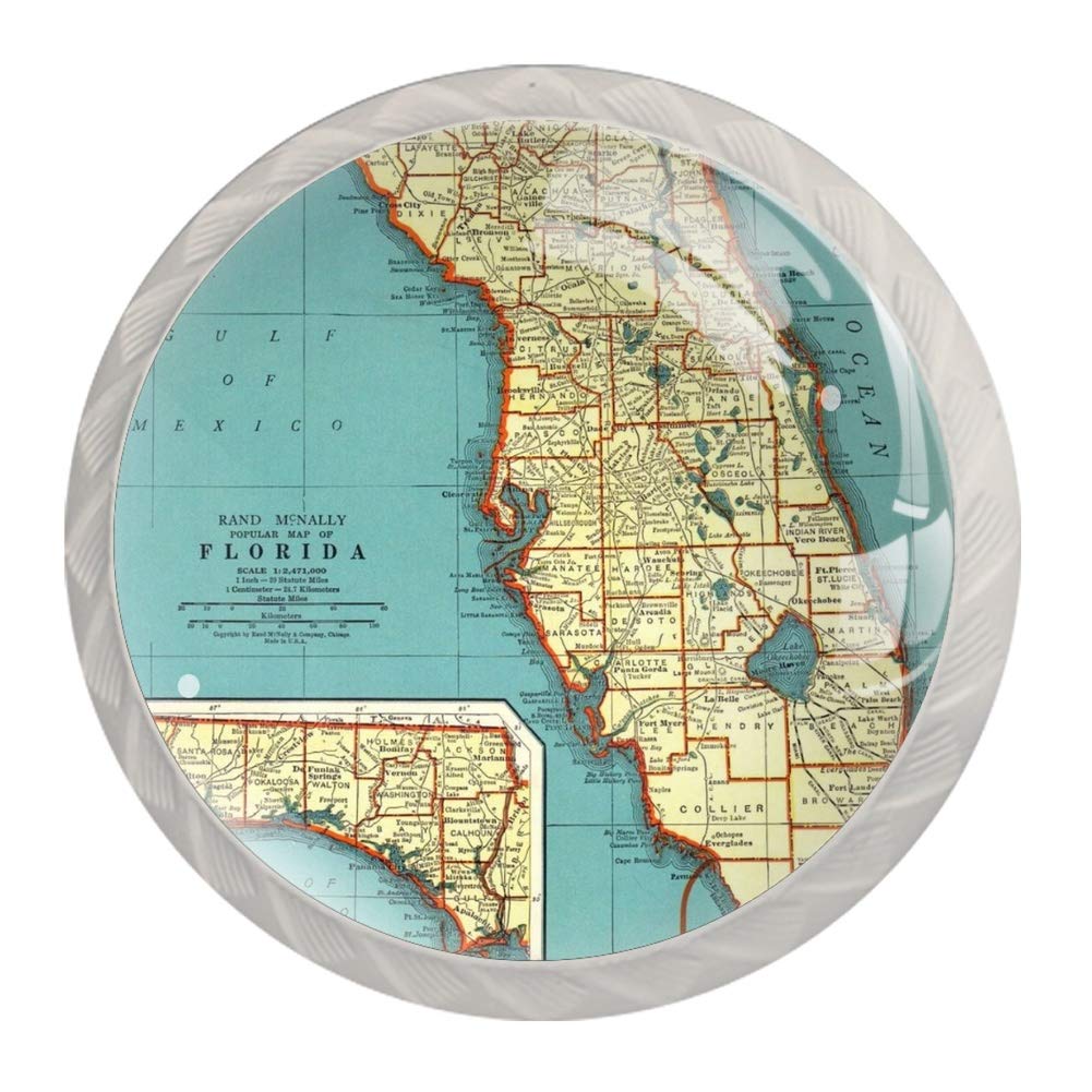 Vintage 1940 Antique Florida State Map Cabinet Drawer Knobs - 4 Pack (35mm) White Pull Handles for Kitchen Cupboard, Bathroom Vanity & Dresser - Perfect for Home Decor, DIY Furniture Restoration and Vintage Style Interior Design