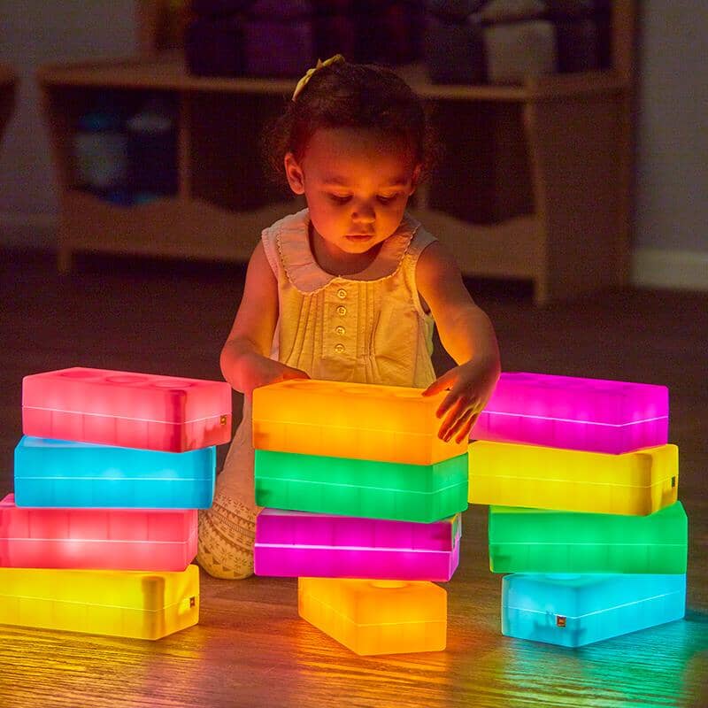 Glow in the Dark Building Bricks - Light Up Tactile Construction Blocks for Kids STEM Learning, Sensory Play & Nighttime Building Fun