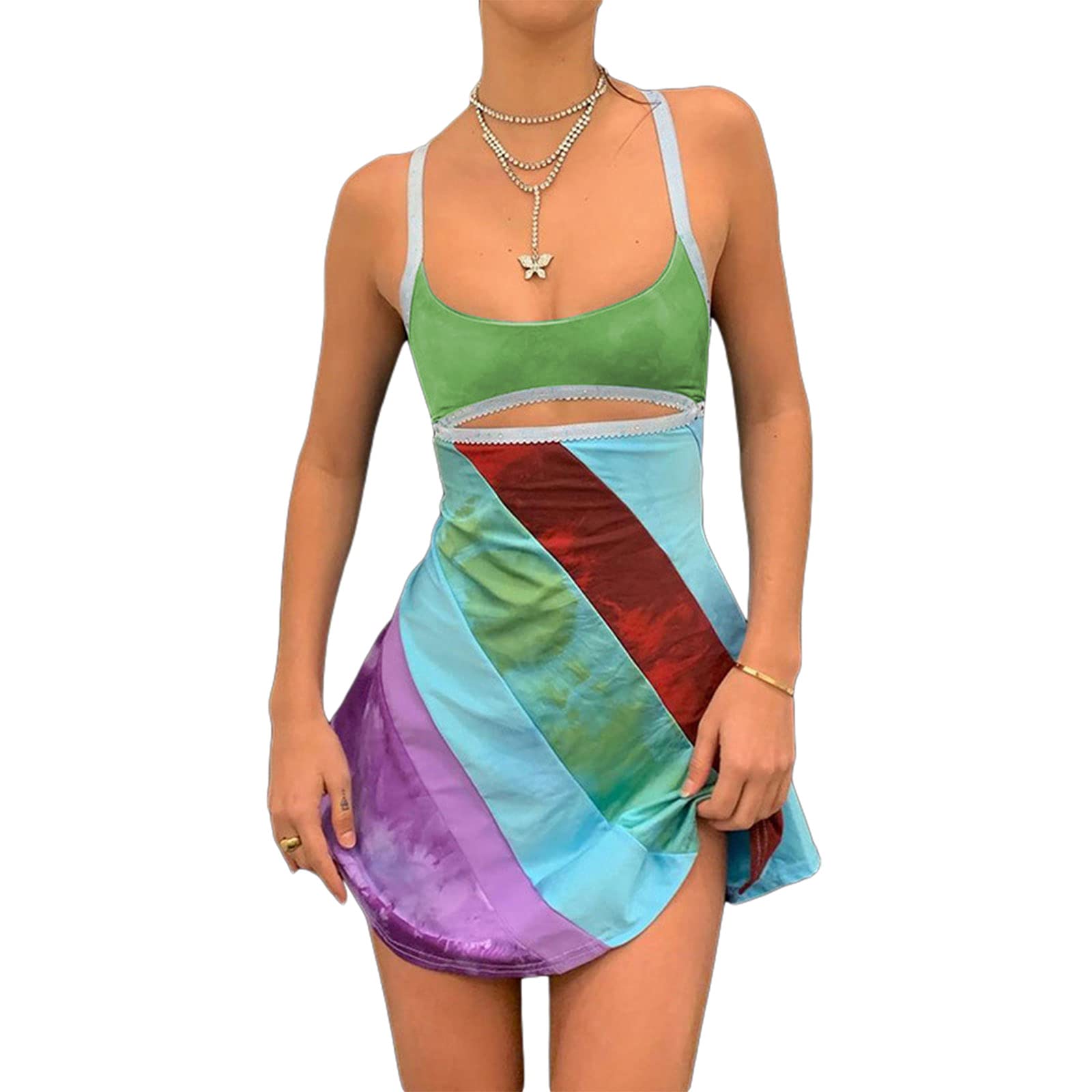Y2K Women's Bodycon Mini Dress - Halter Backless Sundress, Slim Fit Sleeveless Patchwork Print Streetwear for Summer Parties & Night Out