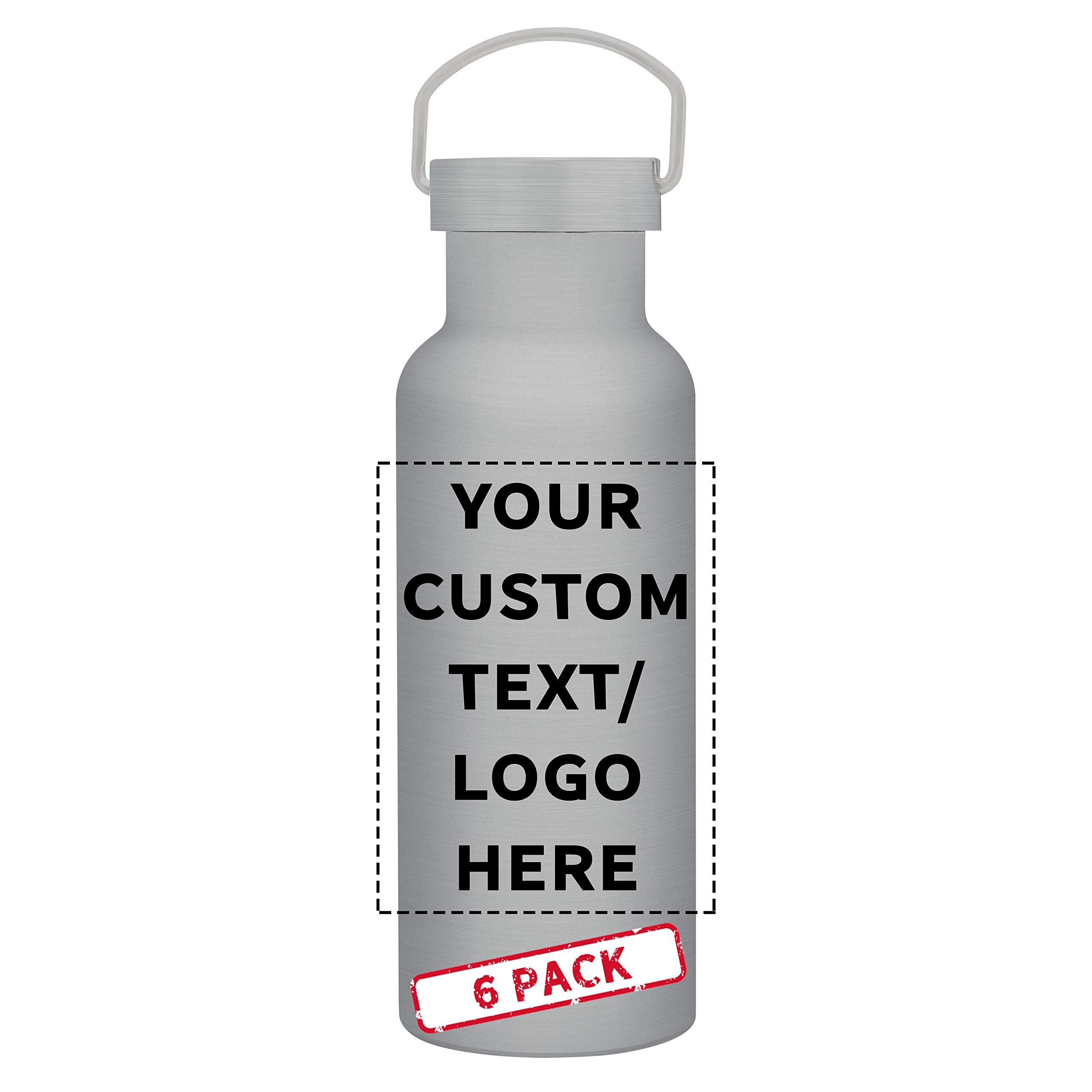 6-Pack 17oz Stainless Steel Water Bottles with Custom Text & Logo - Double Wall Vacuum Insulated, Wire Handle - Silver - Ideal for Camping, Hiking, Gym & Office Use