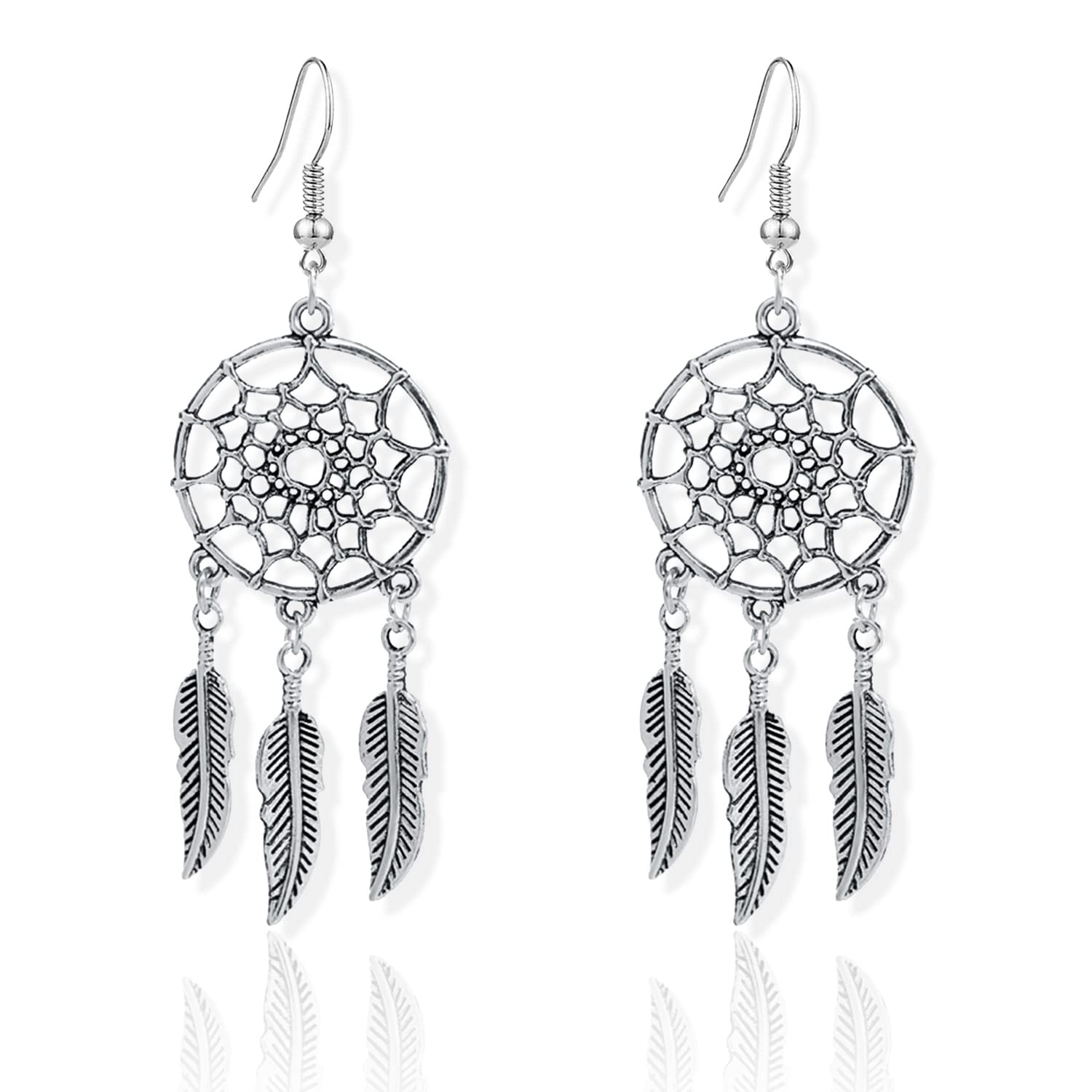 Retro Silver Boho Style Dream Catcher Feather Dangle Earrings for Women - Statement Tassel Drop Earrings with Turquoise Accents | Perfect for Festival, Party & Boho Fashion Outfits