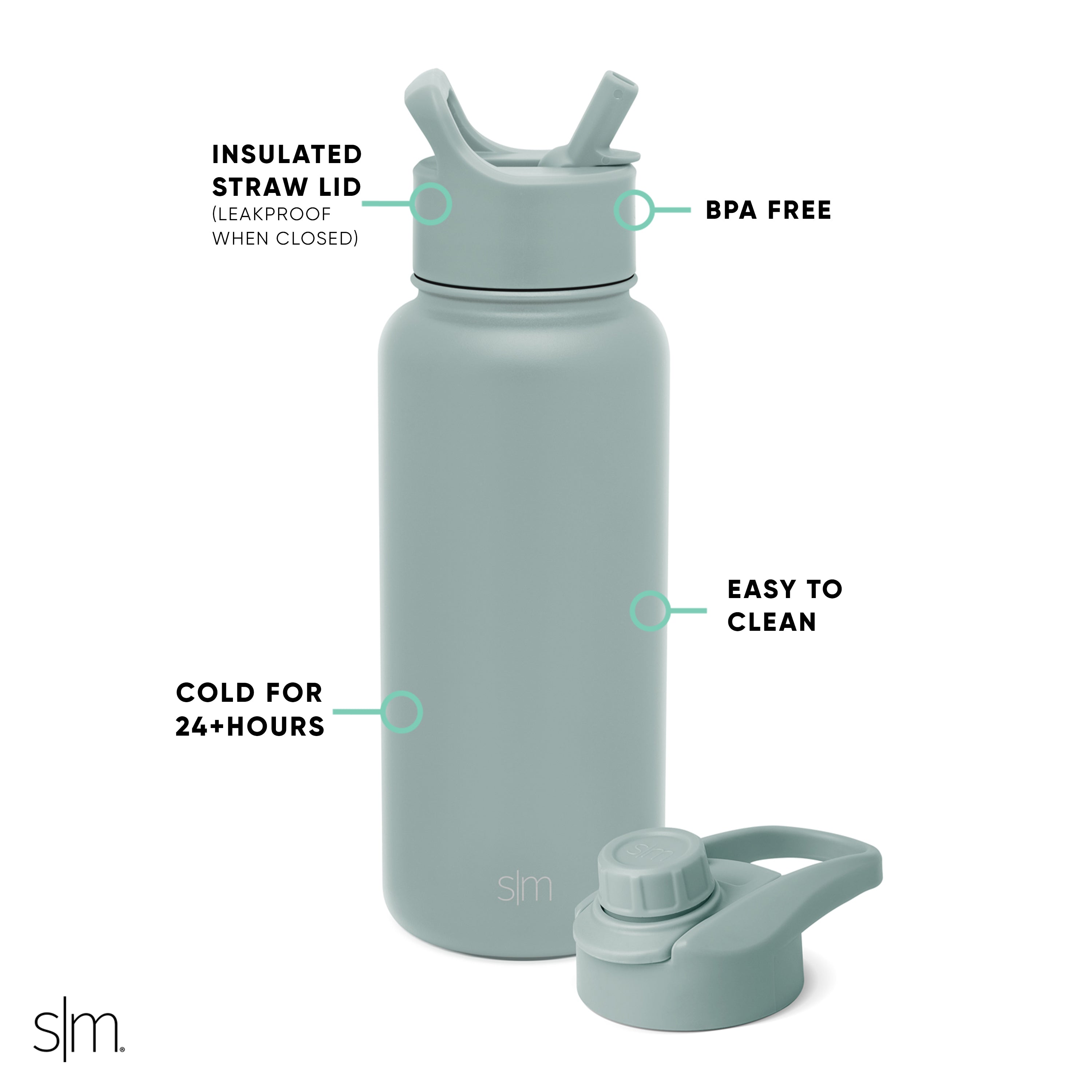 Summit Water Bottle with Straw Lid and Chug Lid - Leakproof Stainless Steel Insulated Bottle for Gym, Hiking & Outdoor Activities