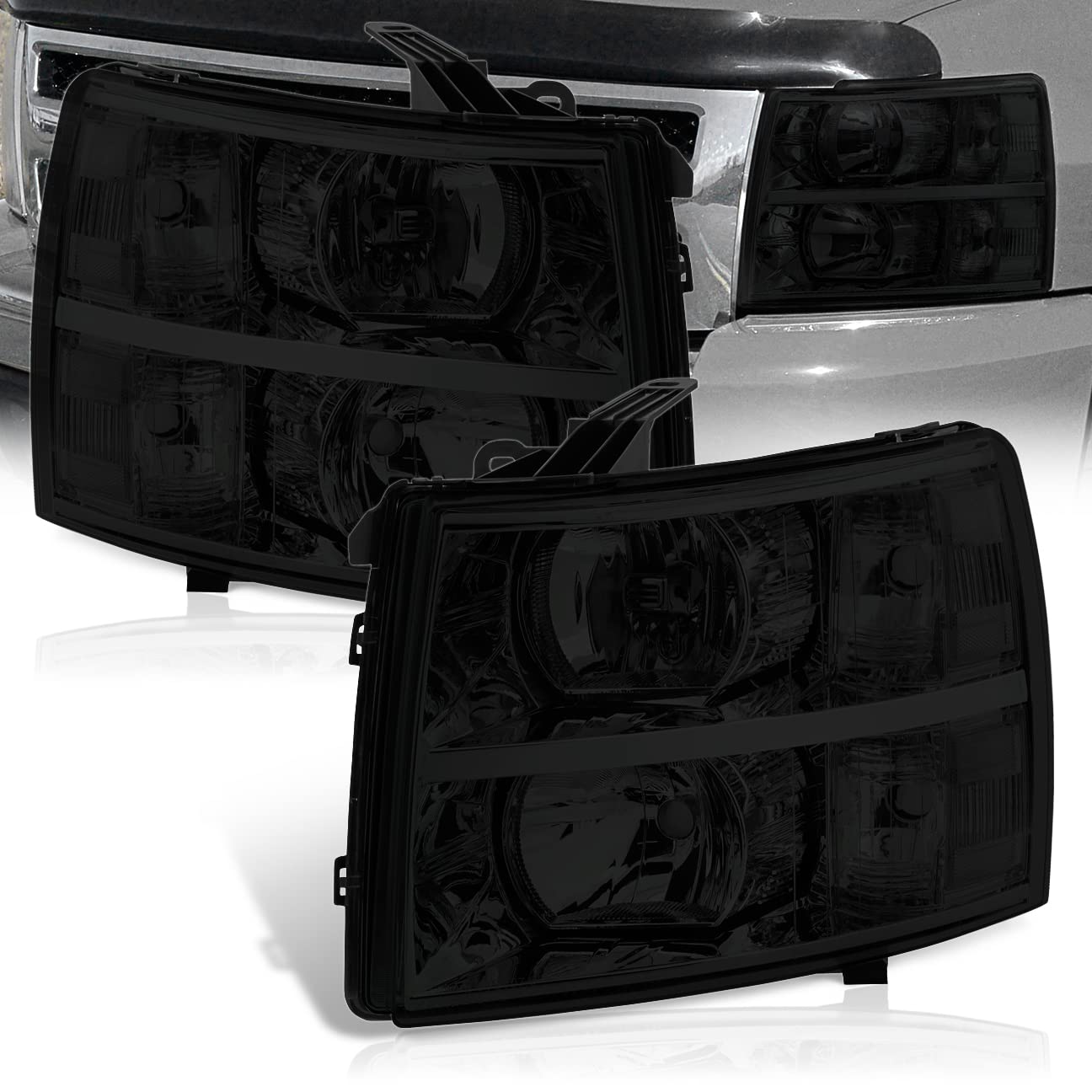 Smoked Lens Chrome Headlights for Chevy Silverado 2007-2014 - Bumper Lamps Set for Off-Road & Night Driving