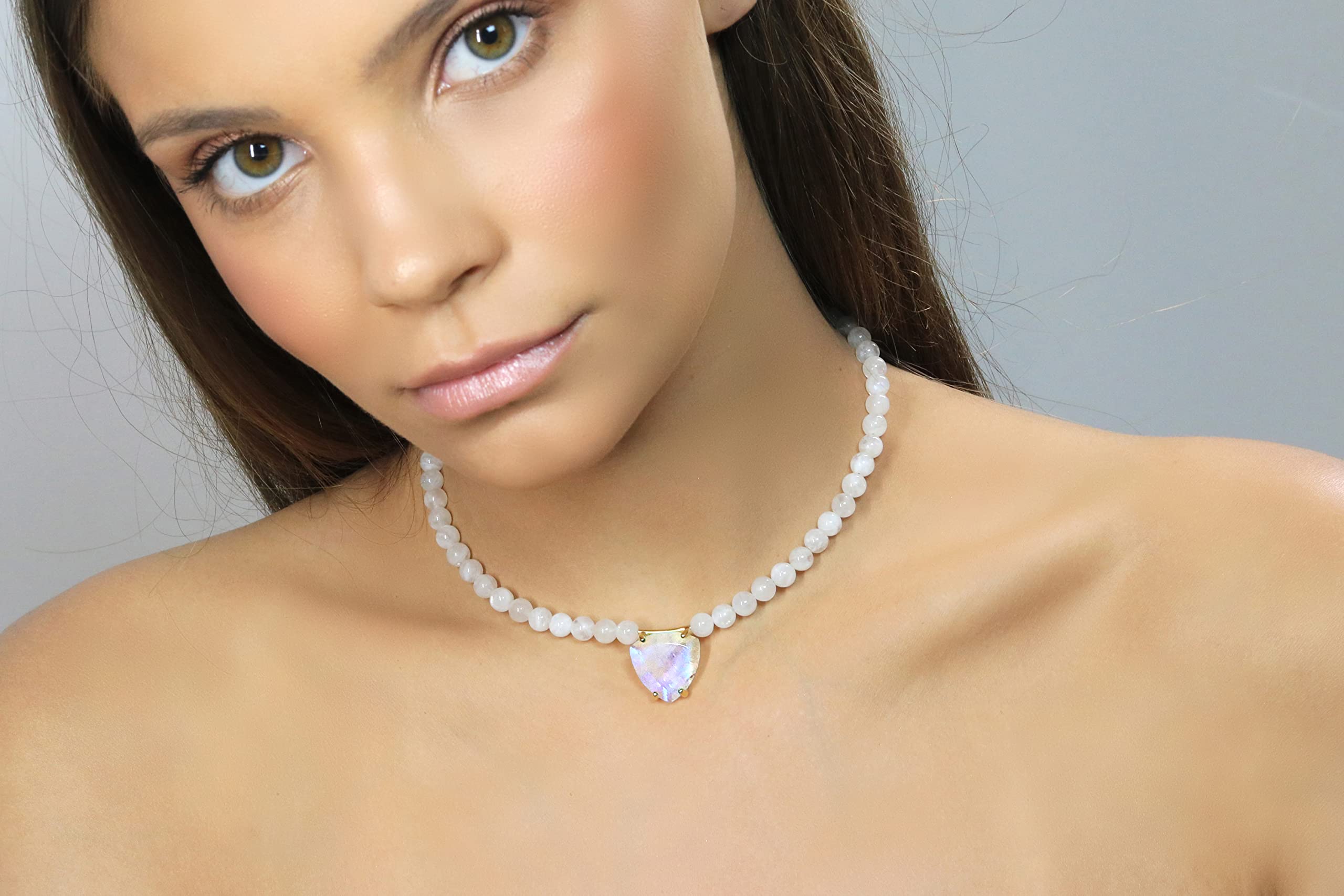 Beaded Moonstone Necklace with Trillion Cut Pendant - 14K Gold Vermeil Gemstone Jewelry for Women - June Birthstone Gift, Bridal Necklace | Perfect for Weddings, Anniversaries & Special Occasions
