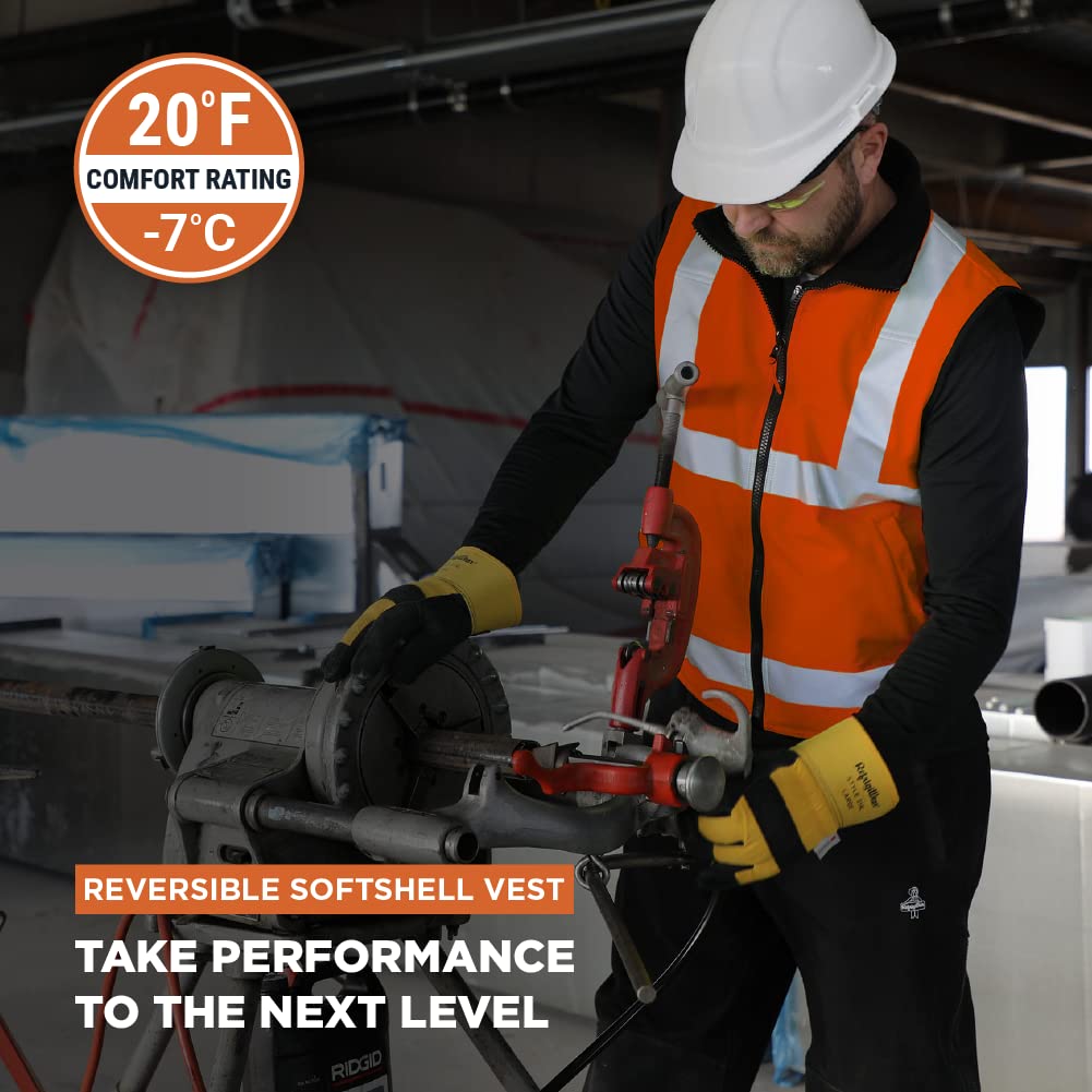 RefrigiWear Hi-Vis Reversible Softshell Safety Vest - ANSI Class 2 High Visibility Orange with Reflective Tape for Construction, Road Work & Outdoor Safety