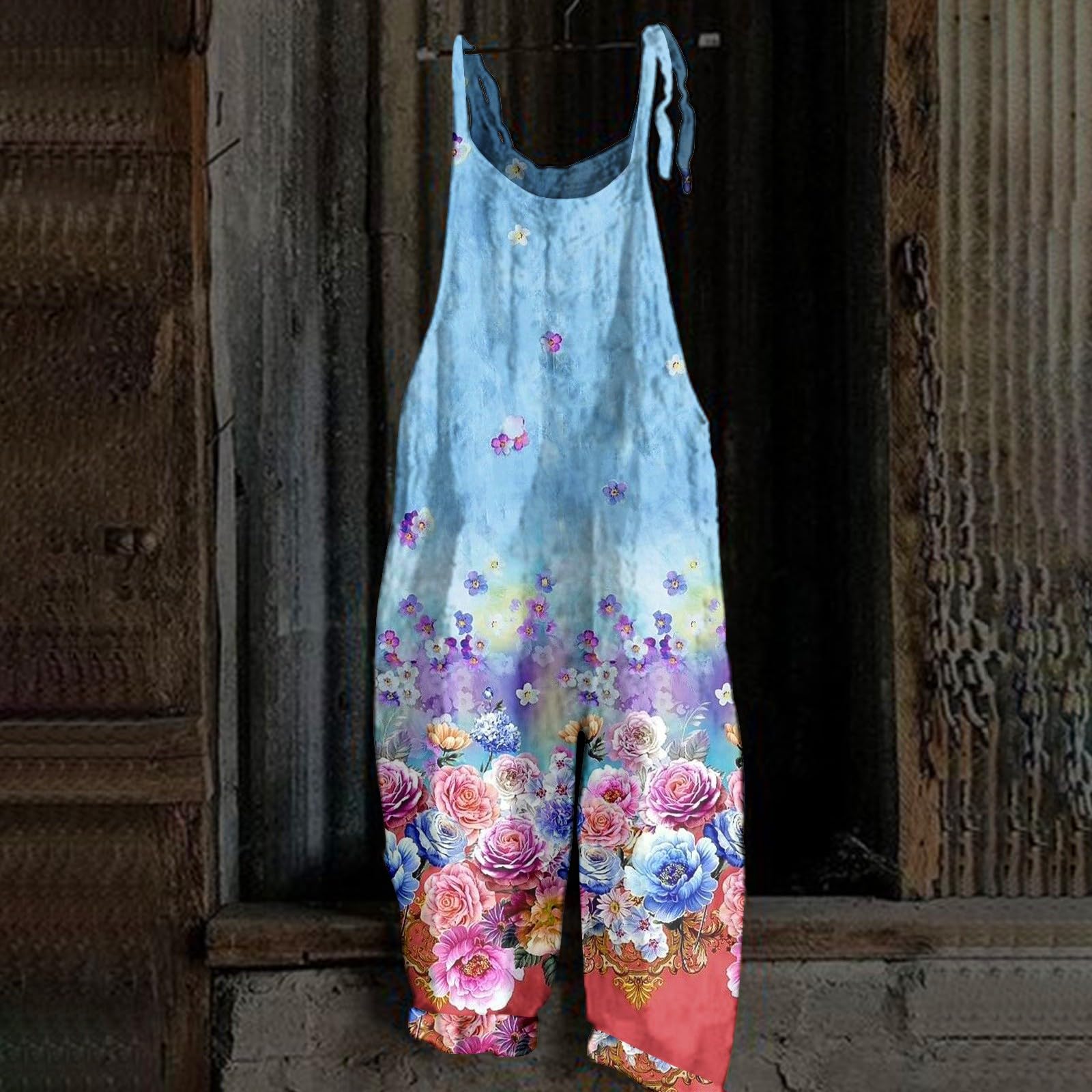 Women's Boho Floral Overalls - Loose Fit Wide Leg Jumpsuit with Pockets & Patchwork Bib | Summer Casual Outfit, Music Festival, Beach Vacation