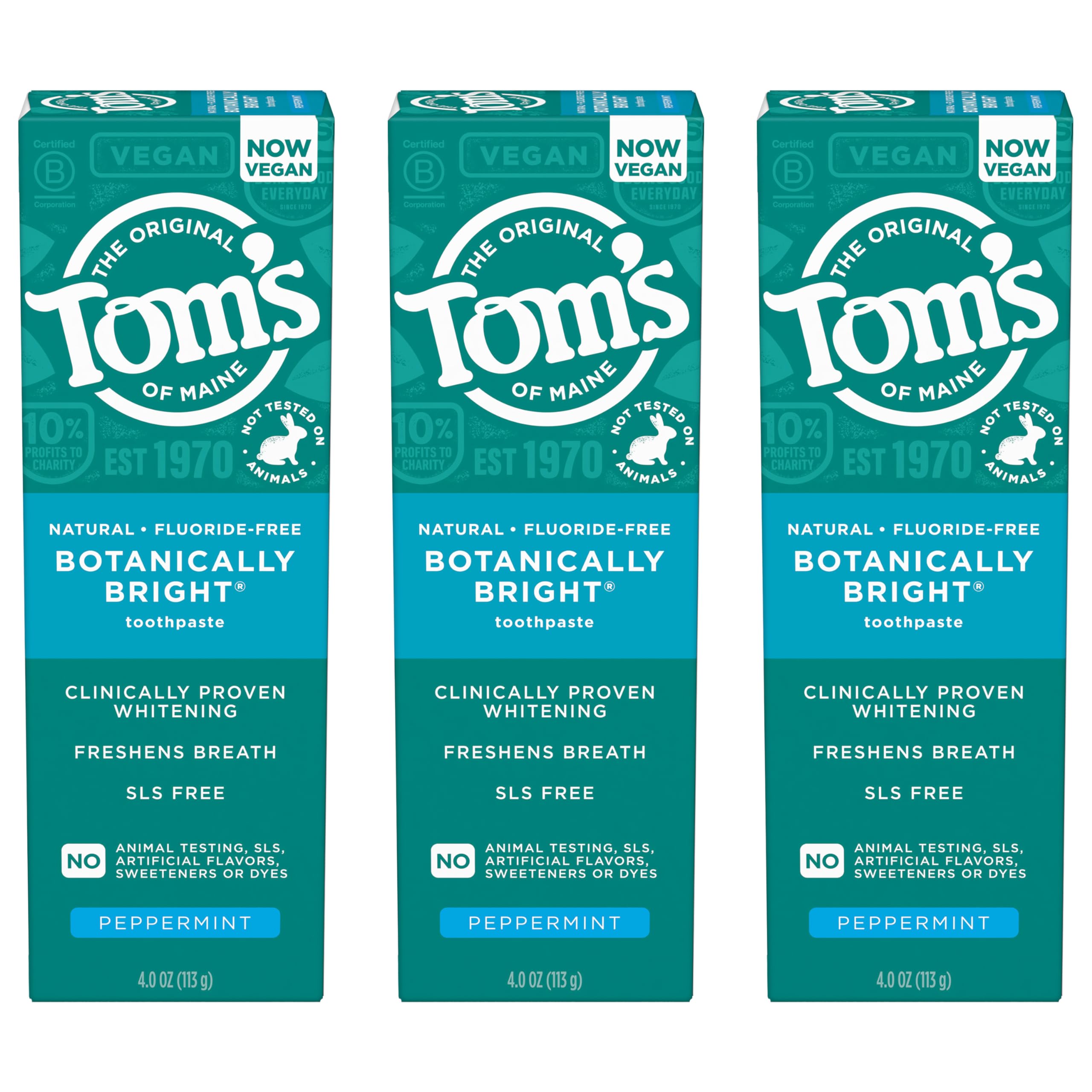 Tom’s of Maine Natural Whitening Toothpaste - Fluoride Free, SLS Free, Vegan, Peppermint Flavor, 3 Pack (4.0 Oz Each) | Brighten Teeth Naturally for a Fresh, Healthy Smile - Perfect for Daily Oral Care & Eco-Conscious Consumers