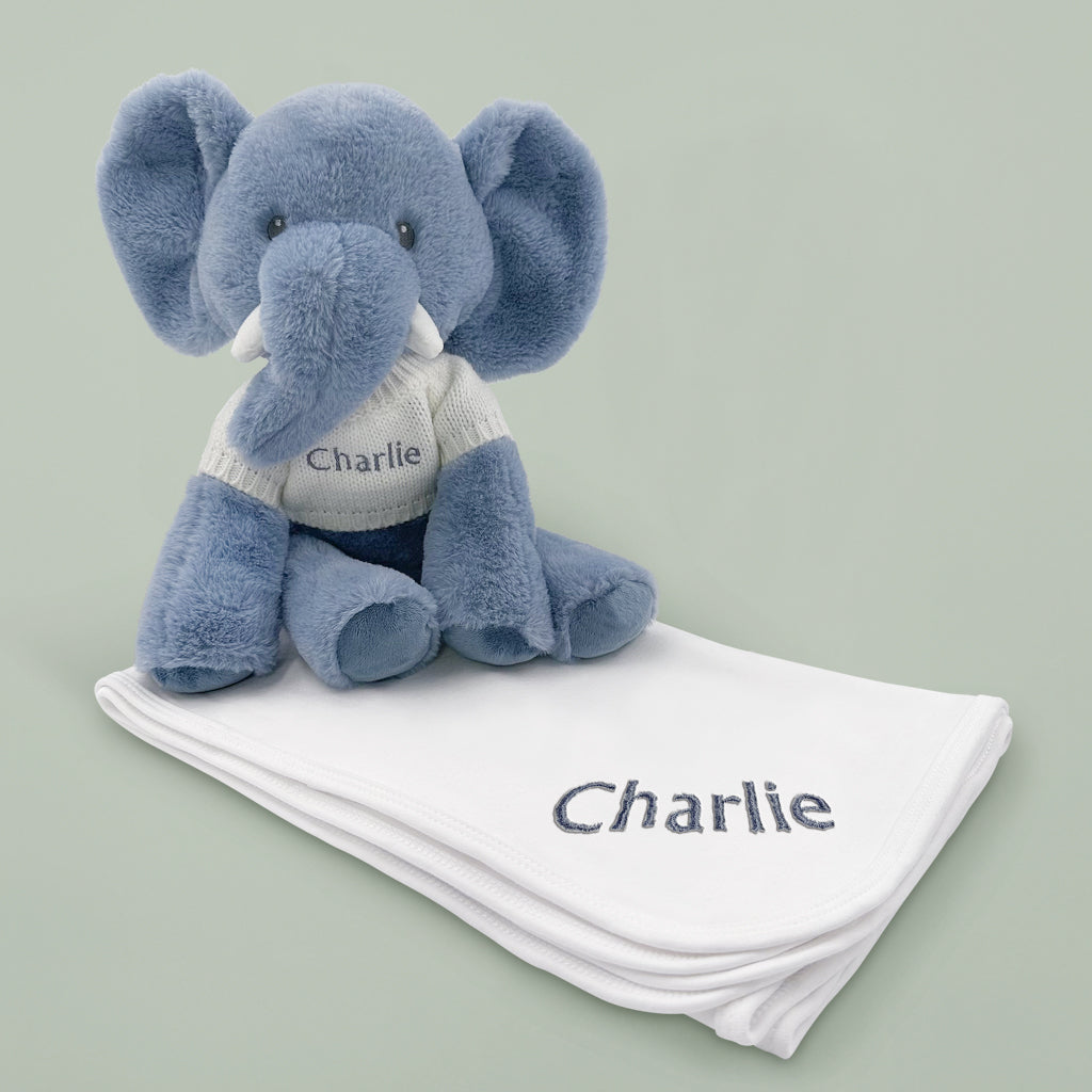 Personalized Esme Elephant Plush Toy with Snuggle Wrap - Soft White Stuffed Animal for Babies, Kids & Nursery Decor - Perfect for Cuddling, Gifts & Nursery Room Decorations