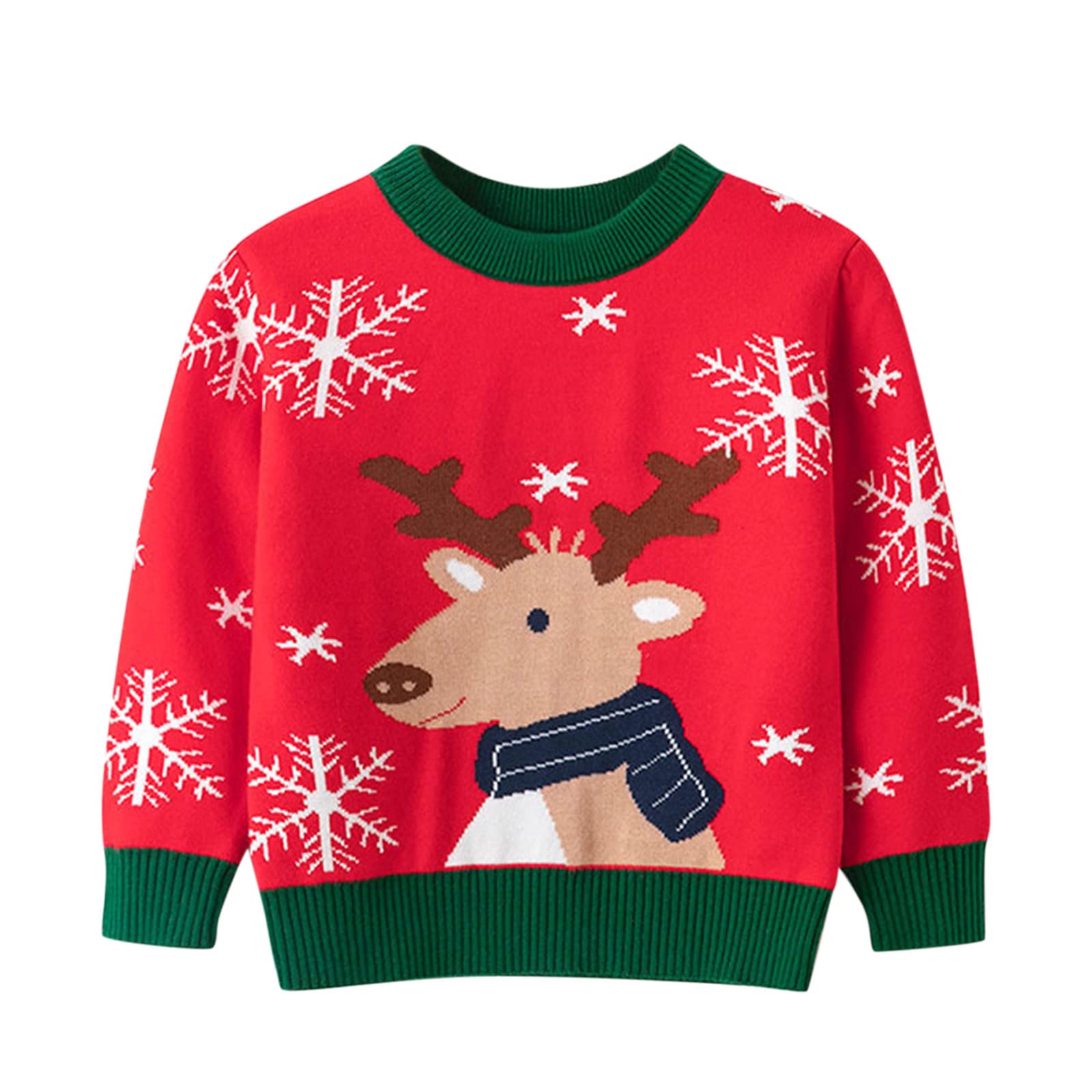 JUNLAI Boys Girls Christmas Deer Print Sweater - Warm Long Sleeve Knitted Pullover for Toddlers (Red, 3-4 Years) - Perfect Holiday Outfit & Twin Baby Gift for Christmas Parties & Family Photos