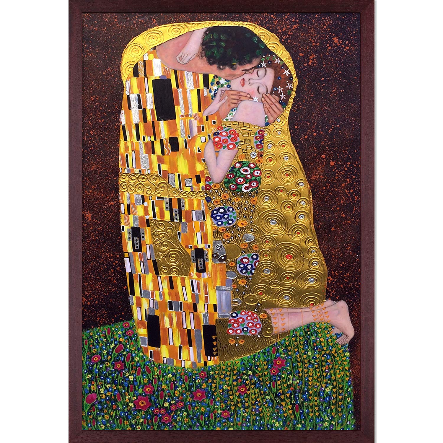 Hand-Painted Oil Reproduction of The Kiss by Gustav Klimt - Open Grain Mahogany Framed Art (38.5