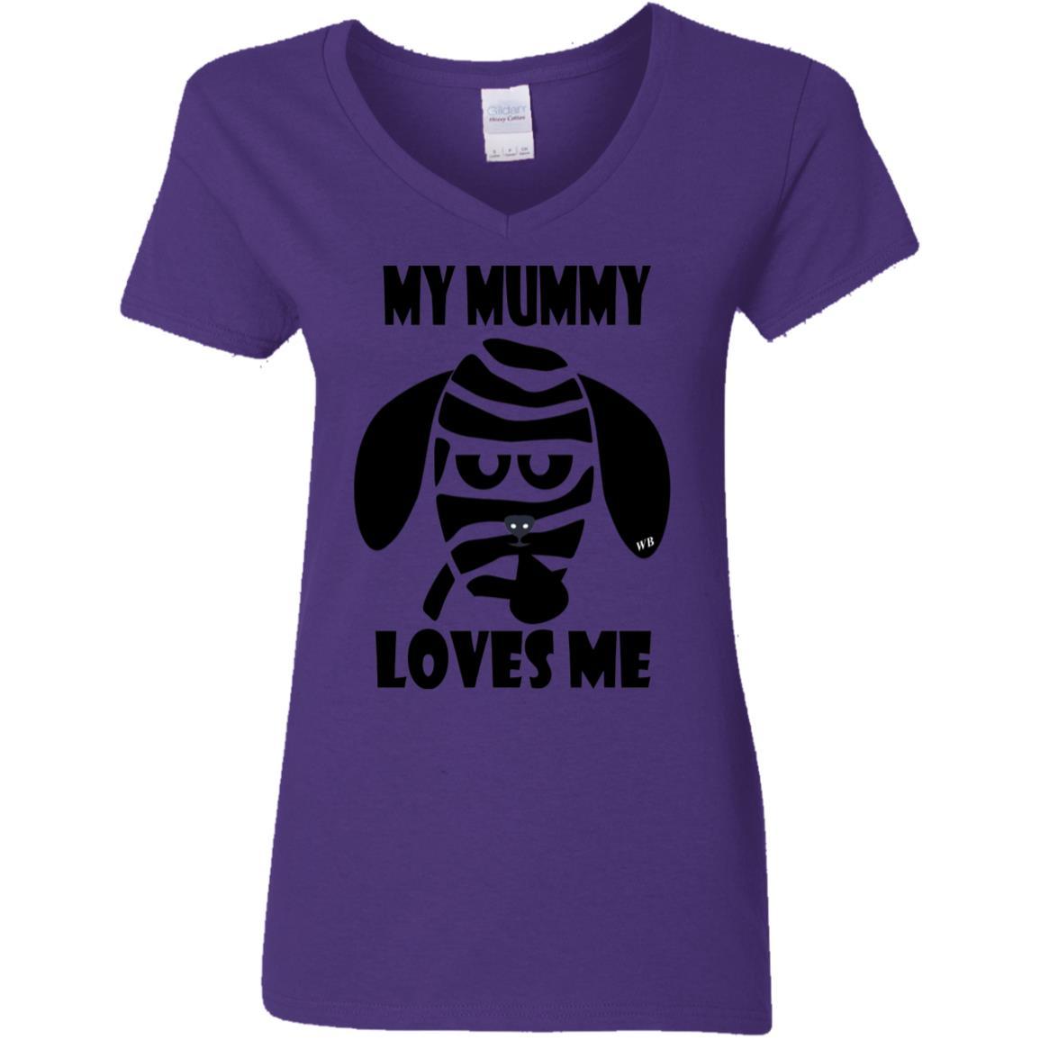 My Mummy Loves Me Halloween Women's 5.3 oz V-Neck T-Shirt | Funny Spooky Graphic Tee for Costume Parties & Trick or Treating