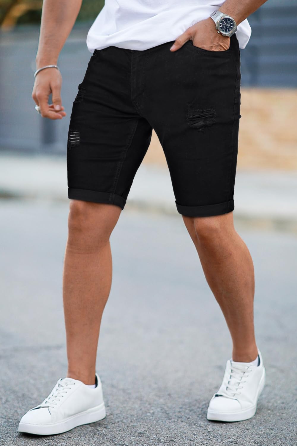 GINGTTO Men's Ripped Skinny Stretch Denim Shorts - Comfortable Slim Fit Jean Shorts for Men | Perfect for Summer, Casual Wear & Street Style