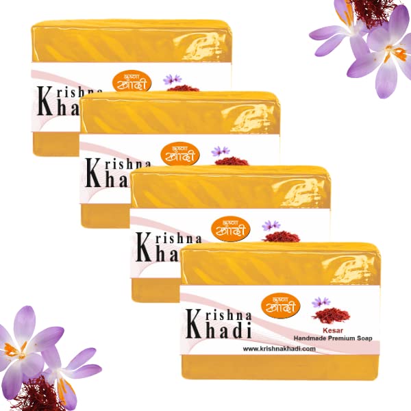 Krishna Khadi Premium Kesar Soap Bar - Pack of 4 (125g Each) | 100% Natural, Moisturizing & Gentle Bath Soap for Dry Skin | Perfect for Daily Use, Spa & Ayurvedic Skincare Routine