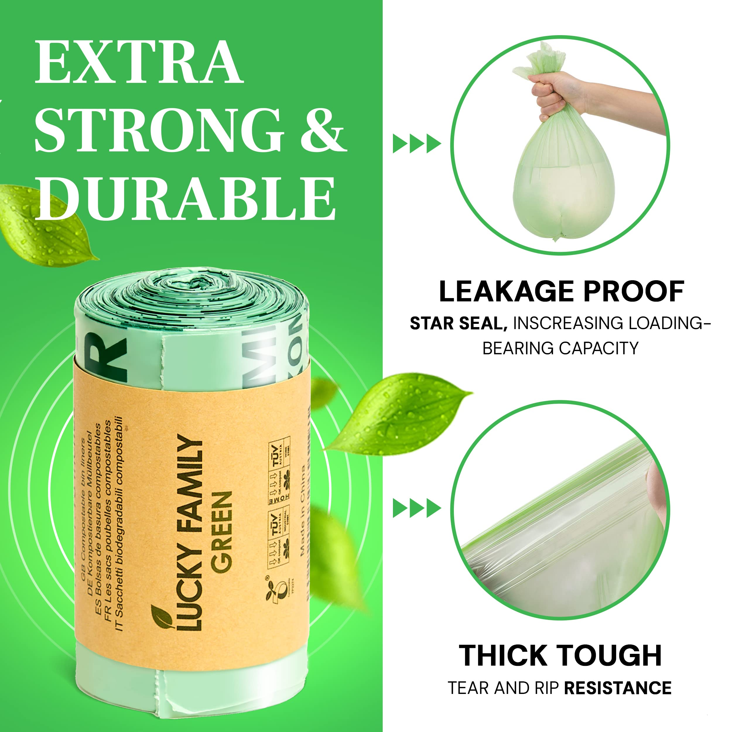 Lucky Family 13 Gallon Compostable Trash Bags - 100% Biodegradable & Eco-Friendly Kitchen Waste Bags for Food Scraps - 25 Count Roll - Perfect for Countertop Compost Bins, Organic Waste Disposal & Sustainable Living