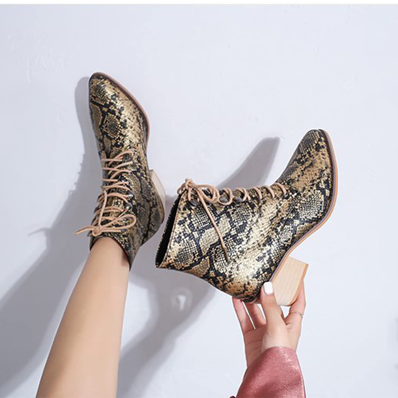 Women's Serpentine Leather Ankle Boots - Pointed Toe Lace-Up Chunky Heel Booties for Trendy Casual & Outdoor Wear | Perfect for Fall Fashion, Date Nights & Office Outfits