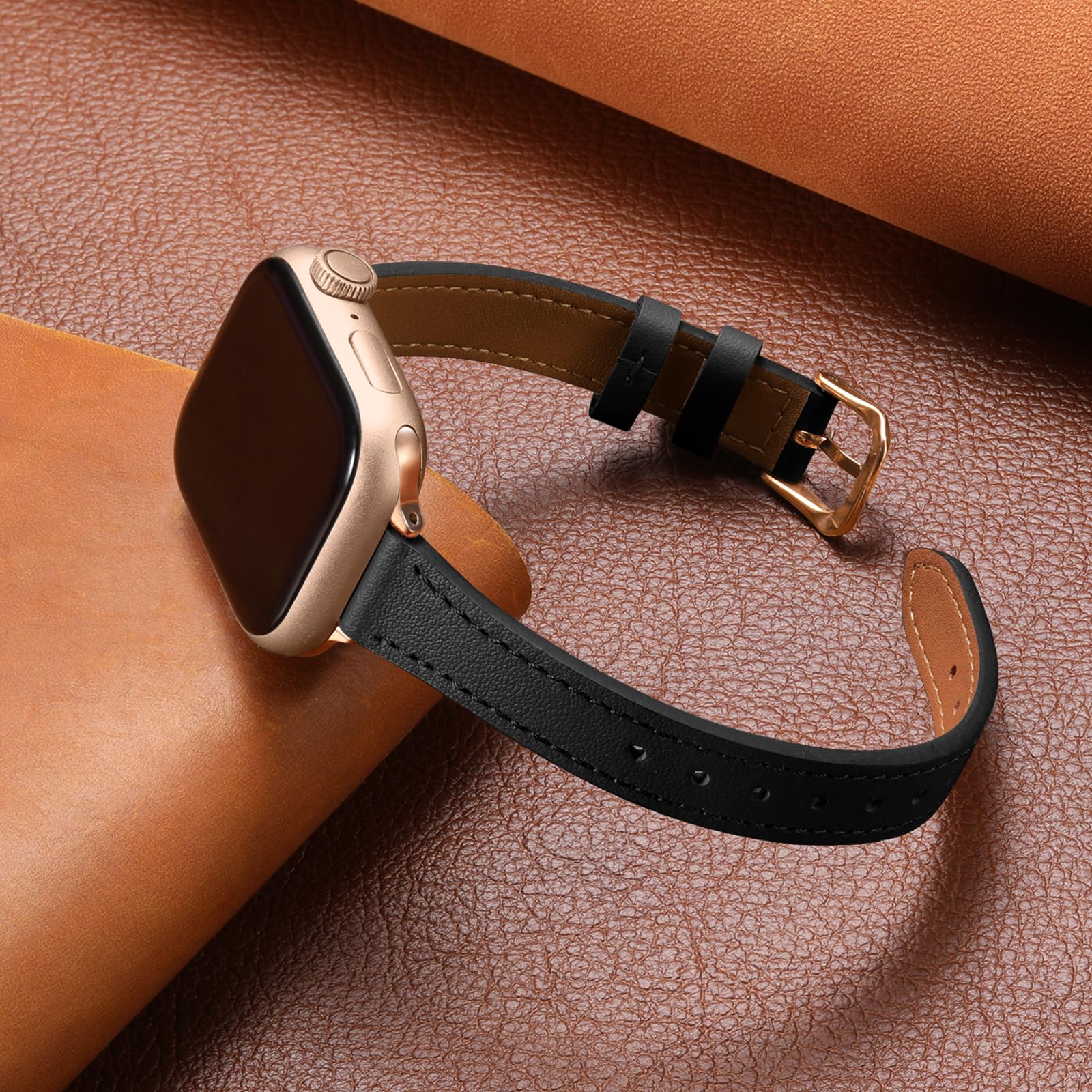 Premium Leather Strap for Apple Watch 38mm 40mm 41mm 42mm 44mm 45mm 46mm 49mm - Slim Thin Band Compatible with All Series (SE, Ultra 2, Series 1-10) - Elegant Women's Watch Accessory for Work, Gym & Everyday Wear