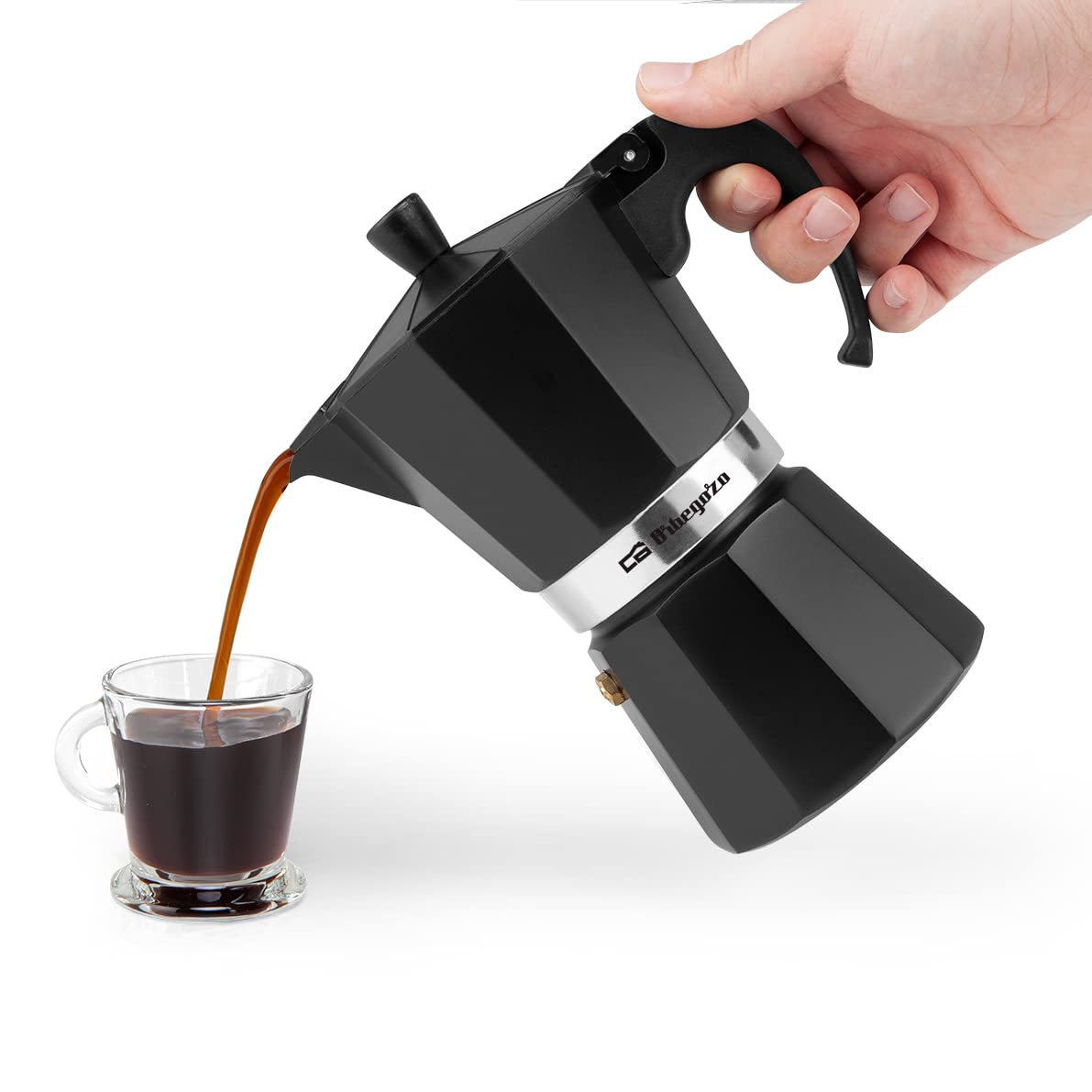 Orbegozo KFN 610 Italian Stovetop Espresso Coffee Maker - 6 Cup Aluminum Moka Pot with Ergonomic Handle, Safety Valve & Removable Filter (Black) - Perfect for Home, Office & Camping Coffee Brewing