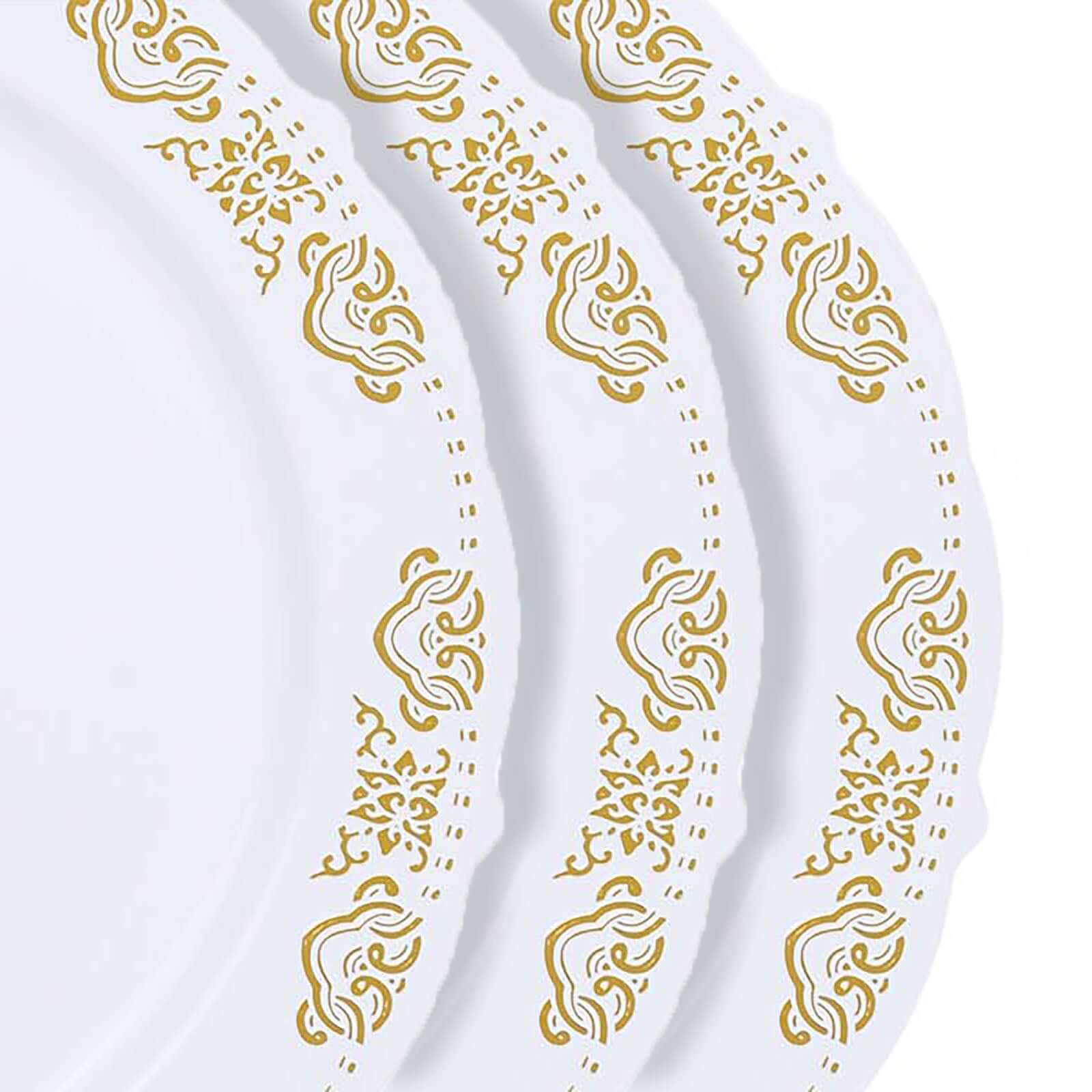 10 Pack White Plastic Round Dinner Plates with Gold Embossed Scalloped Edge - Elegant Disposable Party Plates for Weddings, Birthdays, Banquets & Special Occasions - Perfect for Catering, Buffets & Formal Events