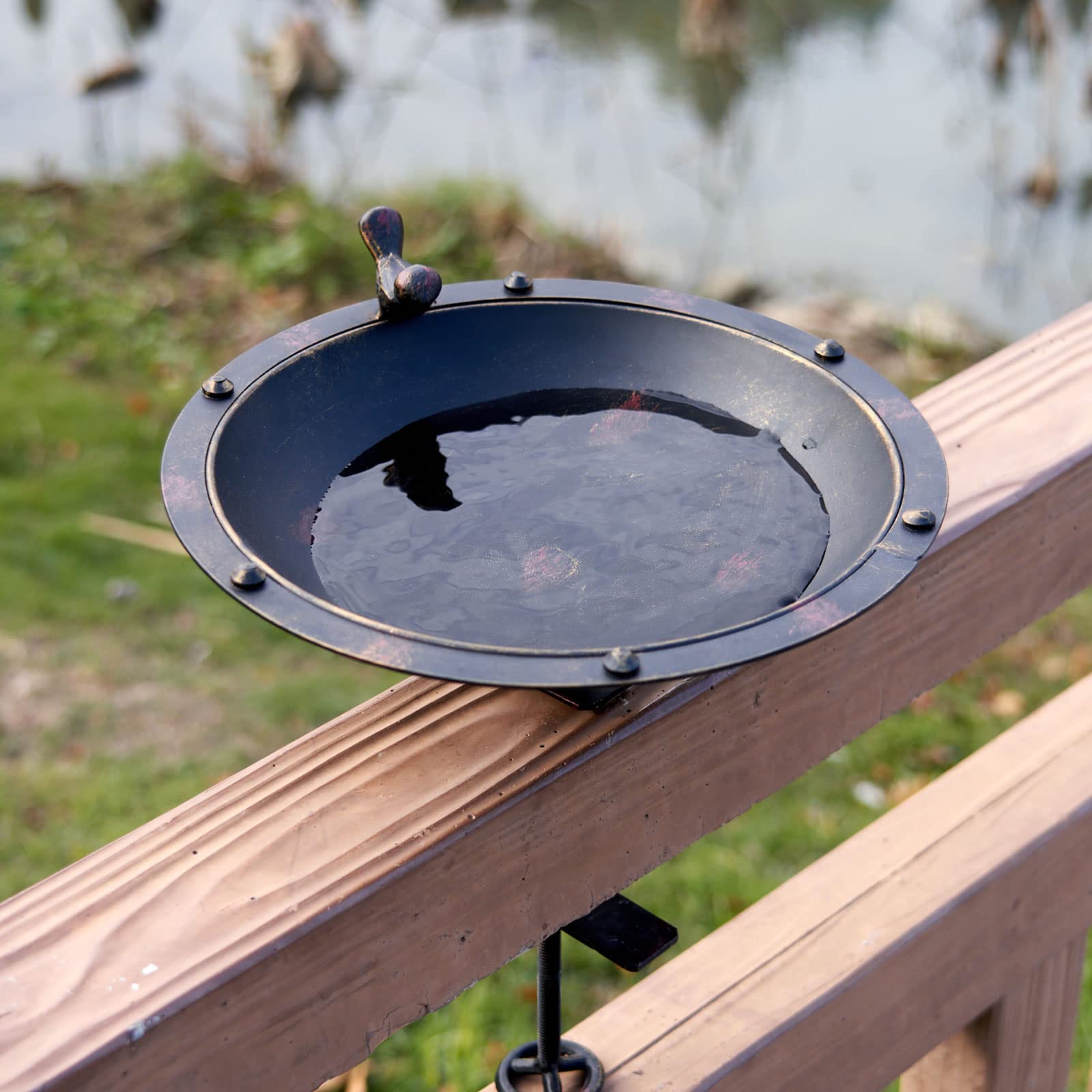 11 Inch Deck Mounted Bird Bath - Metal Bird Bath with Removable Steel Clamp for Deck Railing | Outdoor Garden Decoration for Patio, Yard & Backyard Bird Watching