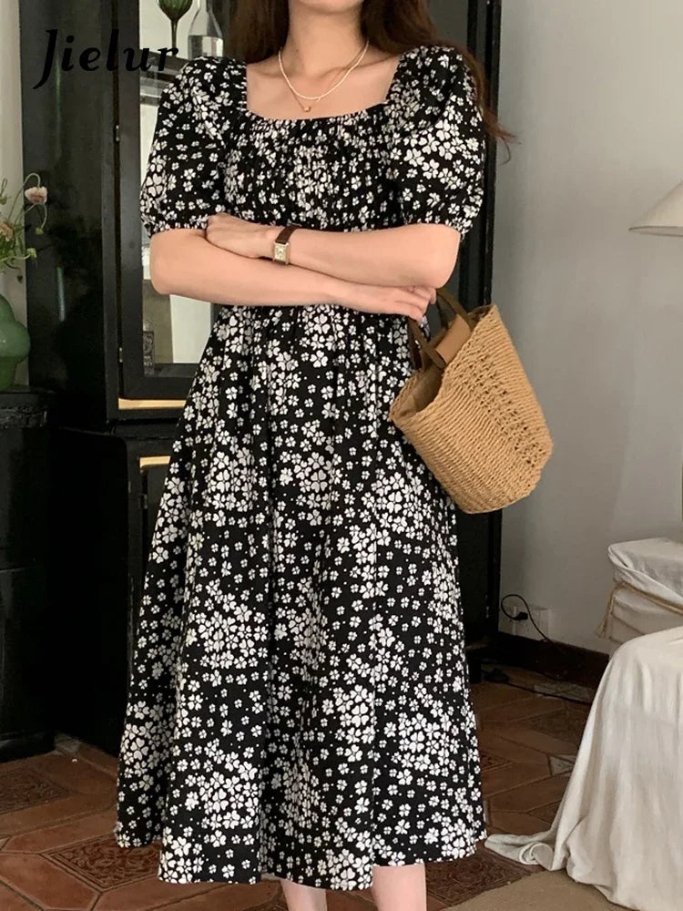 Elegant Black Printed Slim Waist Women's Dress - French Style Square Neck Puff Sleeve Summer Casual Office Dress for Women | Perfect for Work, Date Nights & Special Occasions