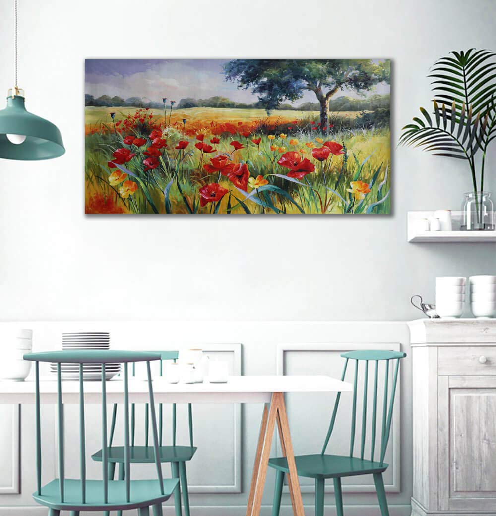 Large Green Trees & Red Yellow Flowers Canvas Wall Art - Modern Nature Prints Framed Decor for Living Room & Bedroom (24x48 Inches) - Perfect for Home, Office & Apartment Decoration