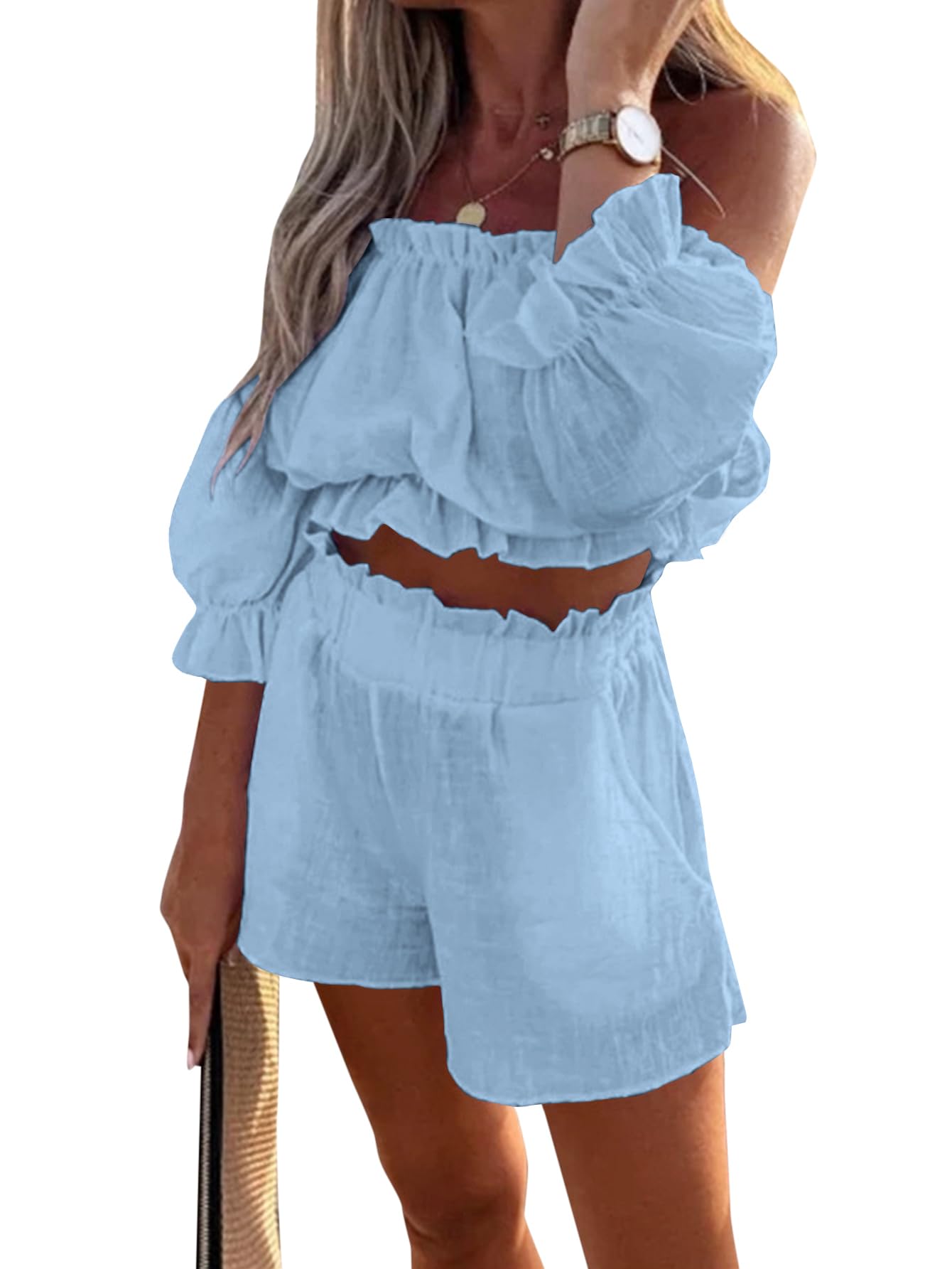 Vrtige Women's 2 Piece Outfit - Off Shoulder Ruffle Trim Ruched Crop Top & High Waist Shorts Set | Summer Beachwear, Party Outfit, Casual Wear