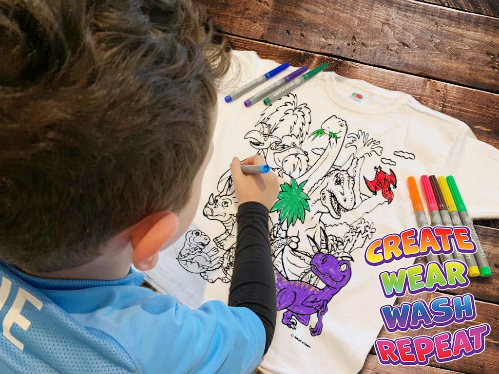 Dinosaur T-Rex Coloring T-Shirt with 10 Non-Toxic Washable Magic Pens - Reusable Kids Art Activity (Ages 3-4) - Perfect for Birthday Gifts, Creative Play & Preschool Learning