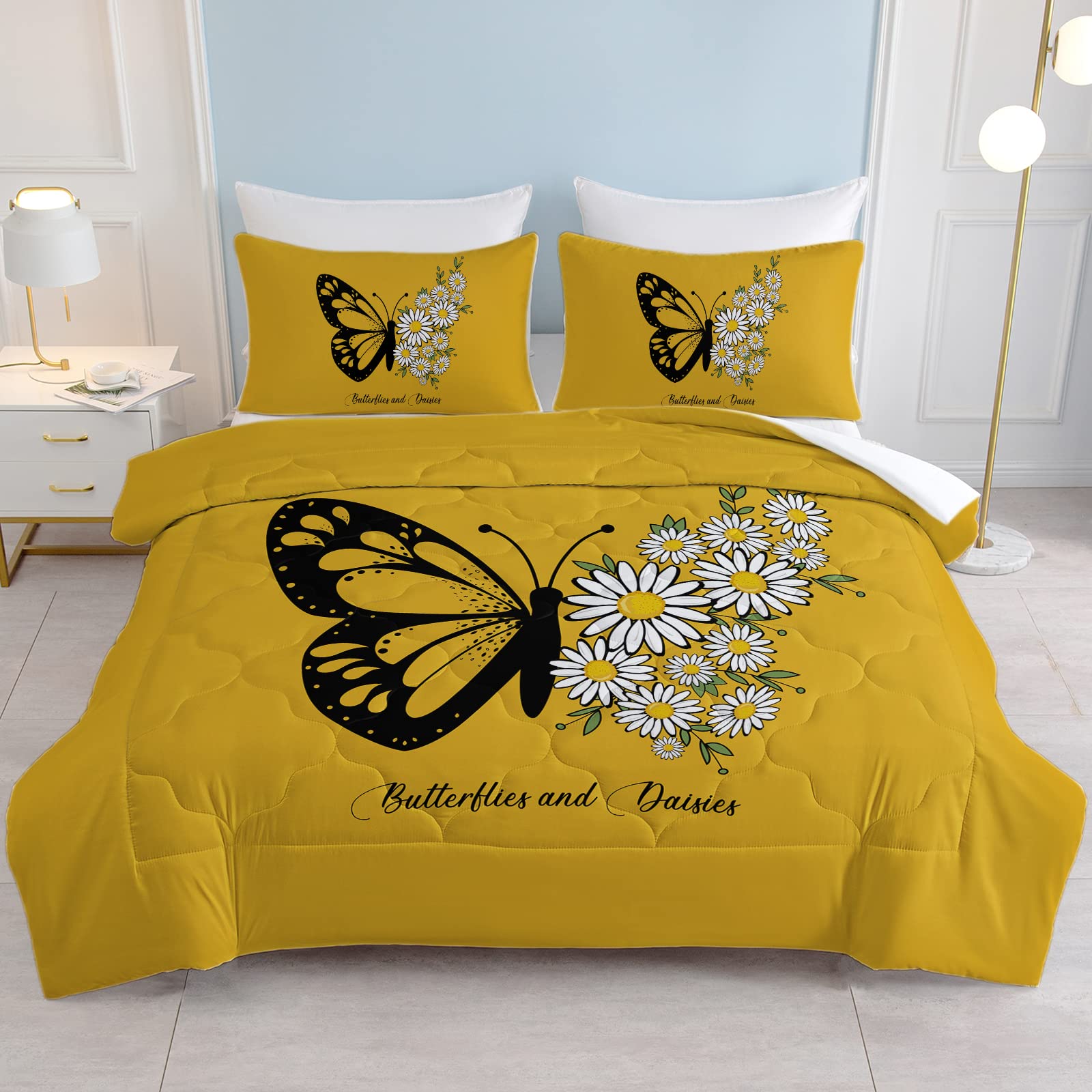 SOULZZZ Black & Yellow Butterfly Comforter Set King Size - 3 Piece Soft Floral Bedding with Daisy Flowers | Luxury Butterfly Print Bed Set for Women & Adults | Perfect for Master Bedroom, Guest Room & Dorm Decor