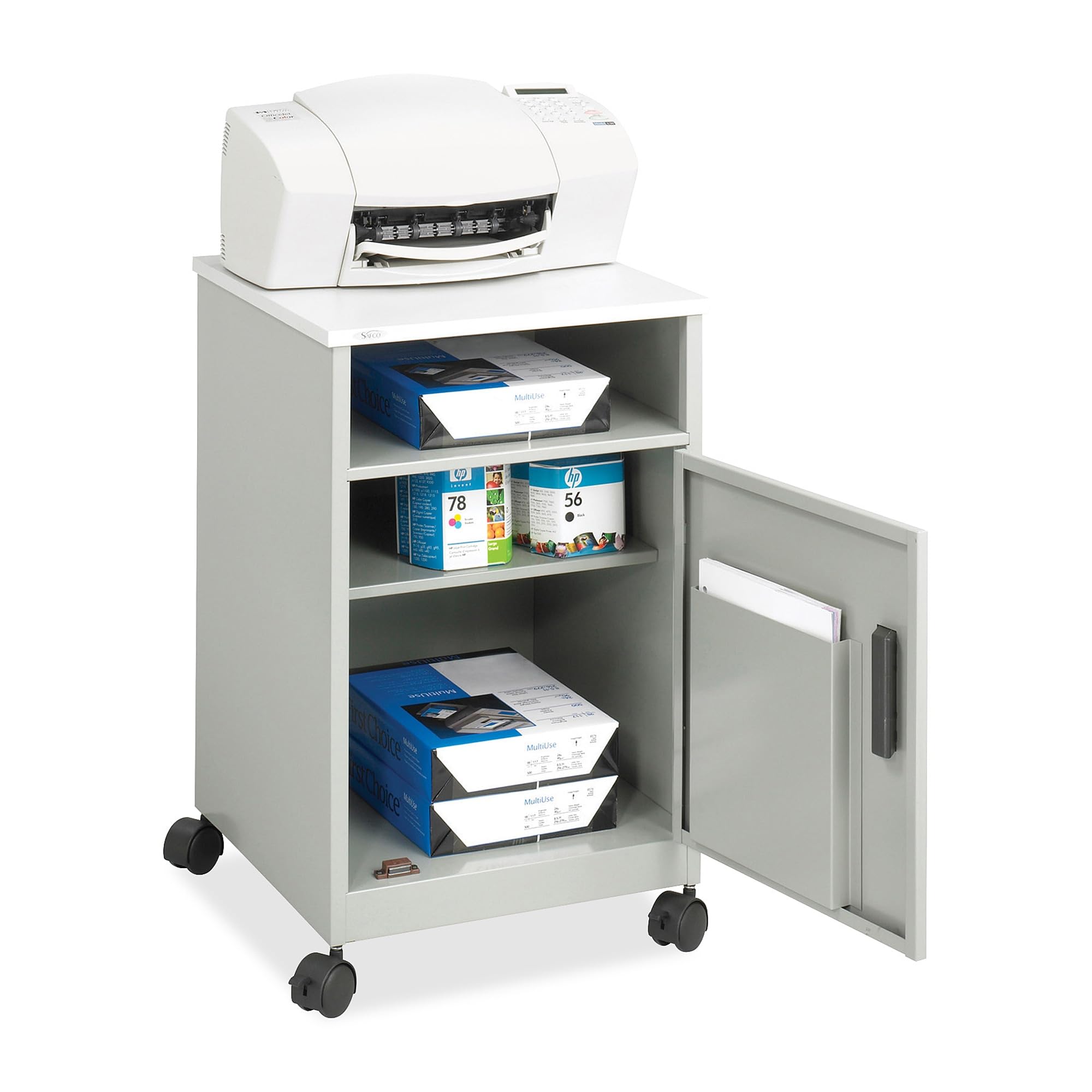 Safco 1871GR Compact Machine Stand with Single Door Storage - Gray | Heavy Duty Workbench for Garage, Workshop & Office Organization