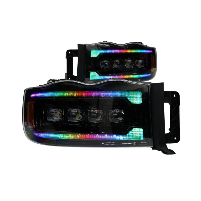 Dodge Ram HD Multicolor Flow Series NOVA Headlights for 2002-2005 Models - Upgrade Your Truck Lighting for Night Driving & Off-Road Adventures