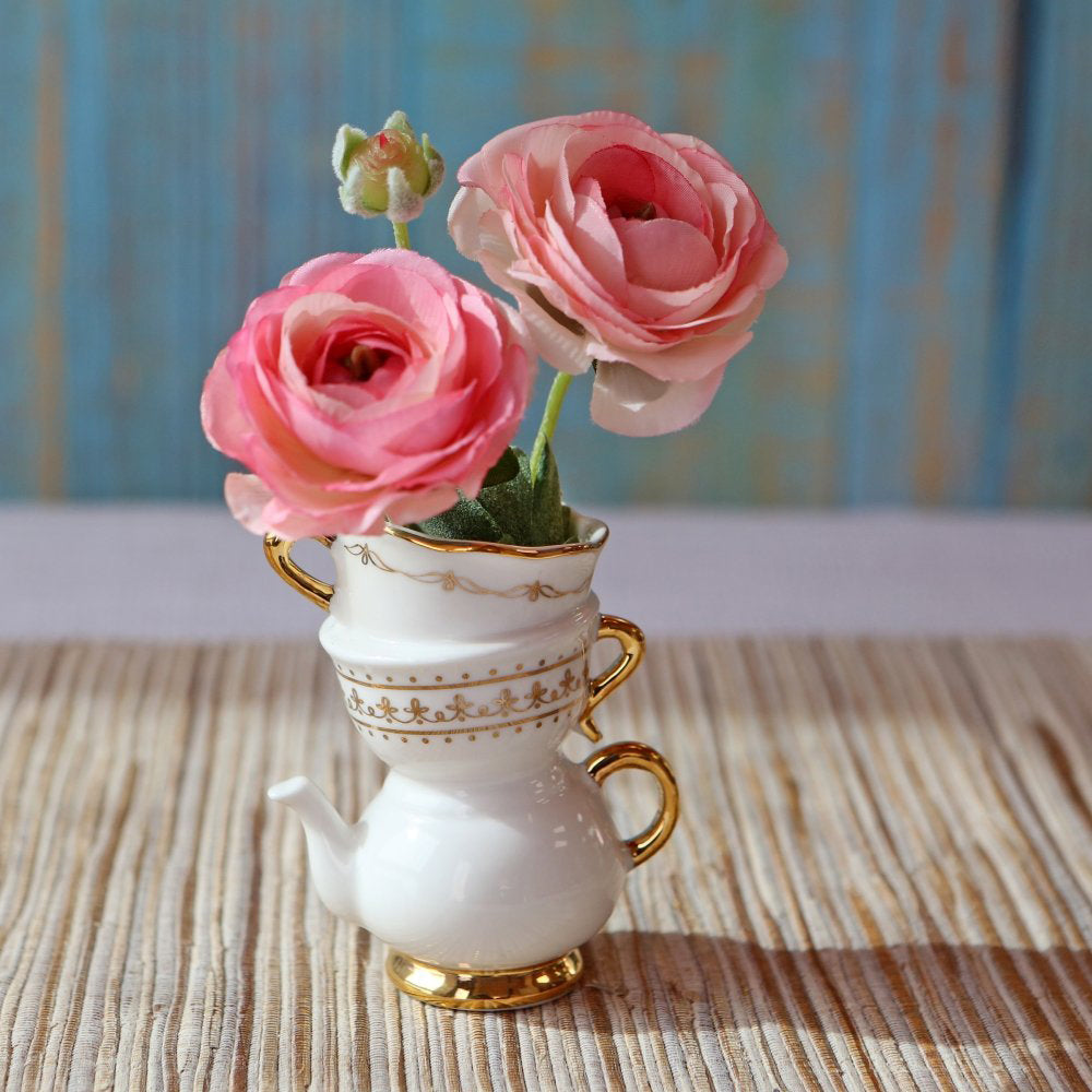 Whimsical Ceramic Bud Vase Set of 2 - Small Floral Vases for Tea Time Decor, Table Centerpiece & Wedding Favors - Perfect for Home, Office & Gift Giving