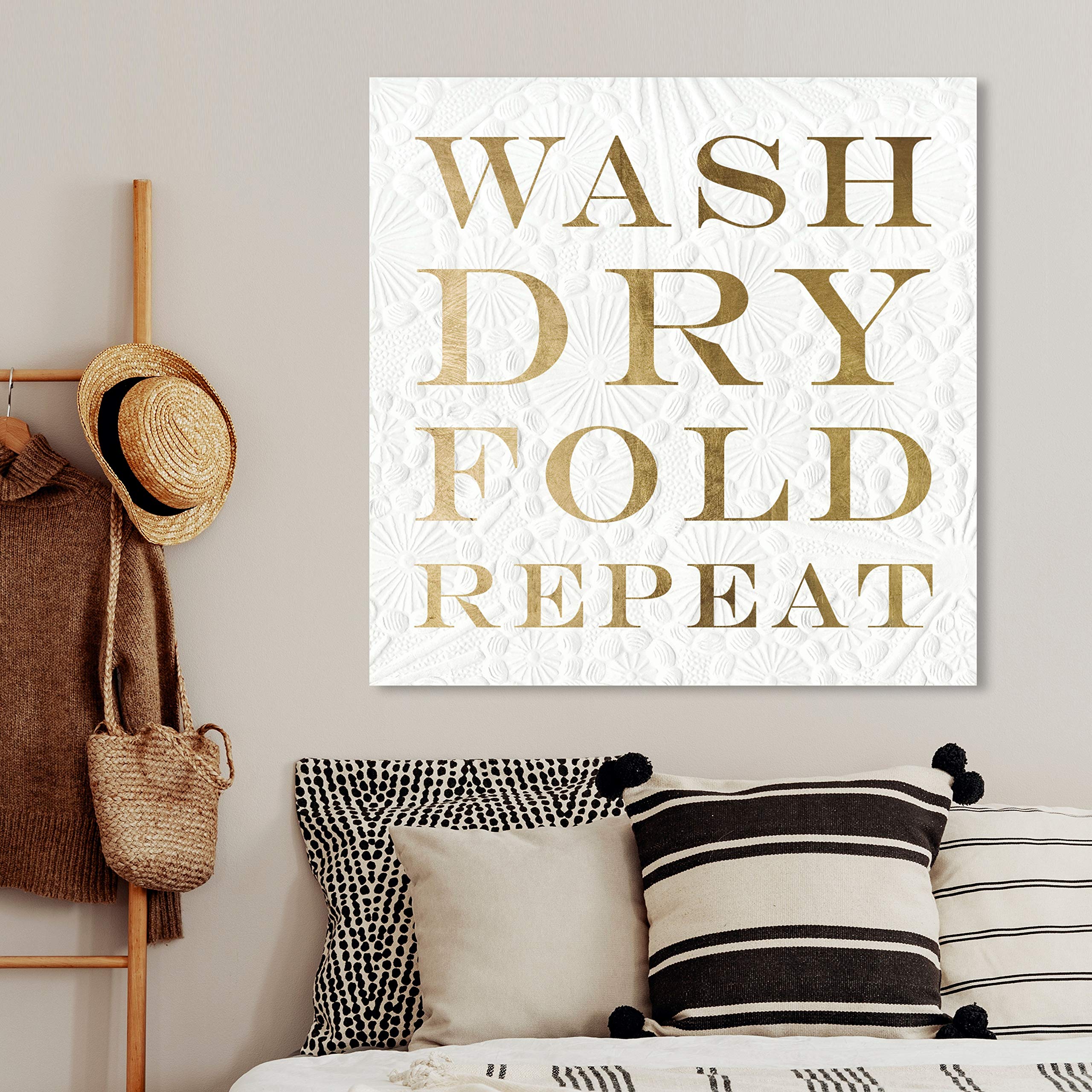 Oliver Gal Artist Co. Laundry Wall Art Canvas Print - 30x30 Inch Gold & White Home Decor for Laundry Room, Bathroom, or Kitchen - Wash Dry Fold Inspirational Quote Art