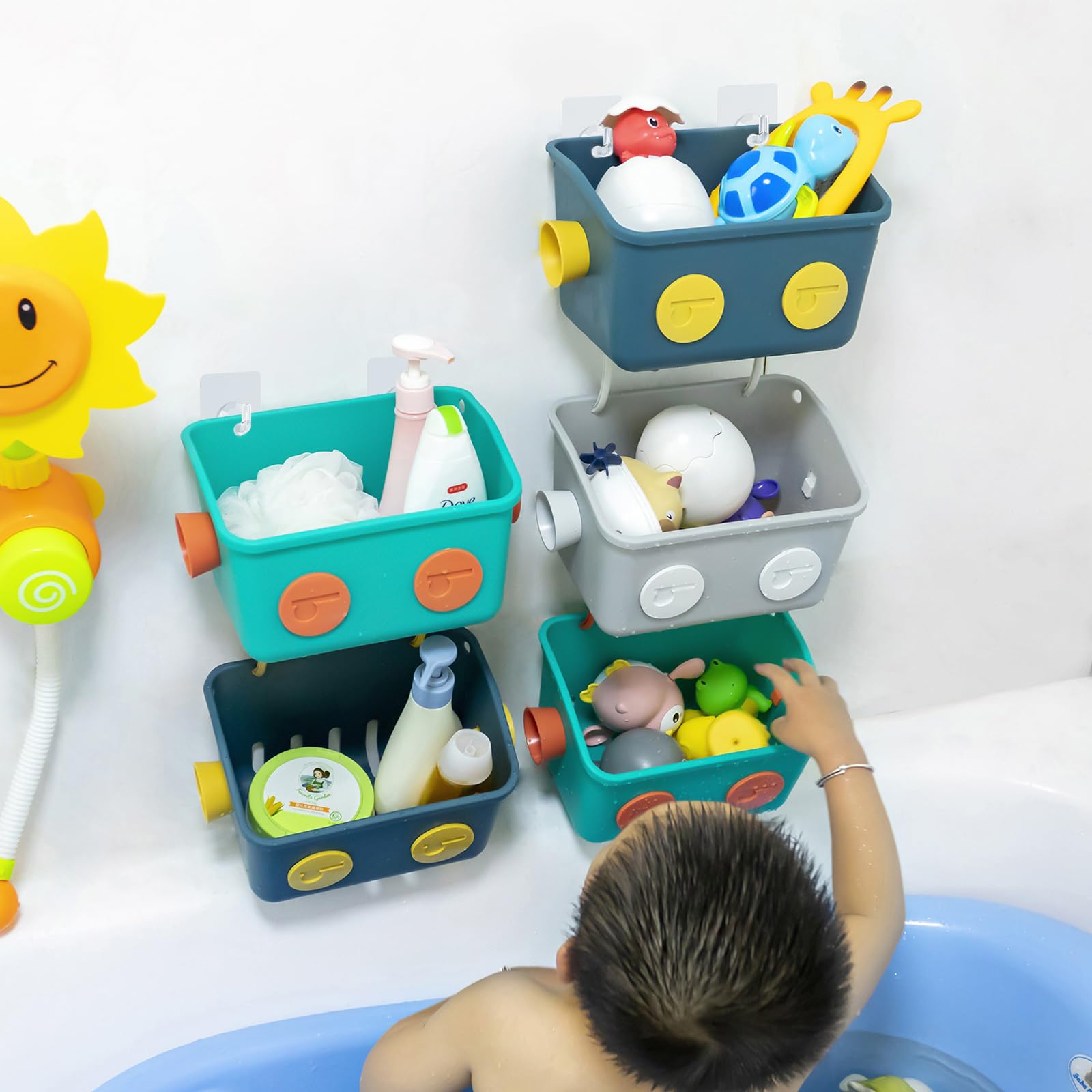 3-Tier Colorful Robot-Shaped Wall Mounted Bath Toy Storage Organizer Basket with Hooks - Perfect for Kids' Shower Caddy, Shampoo & Bath Accessories Organization in Bathroom