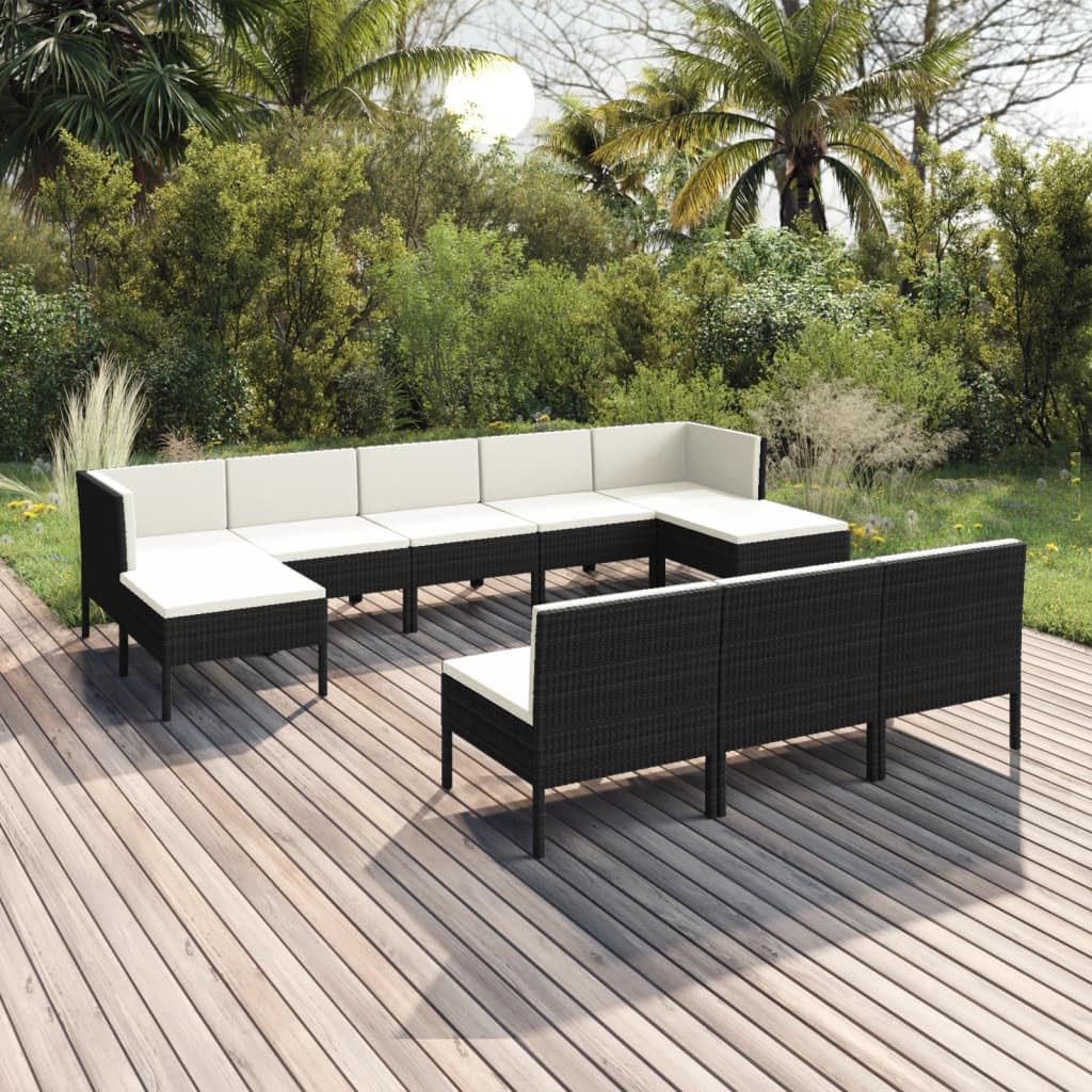 10-Piece VidaXL Patio Lounge Set with Cushions - Black Poly Rattan Outdoor Sofa Seating for Garden, Terrace & Yard - Perfect for Relaxing, Entertaining & Lounging