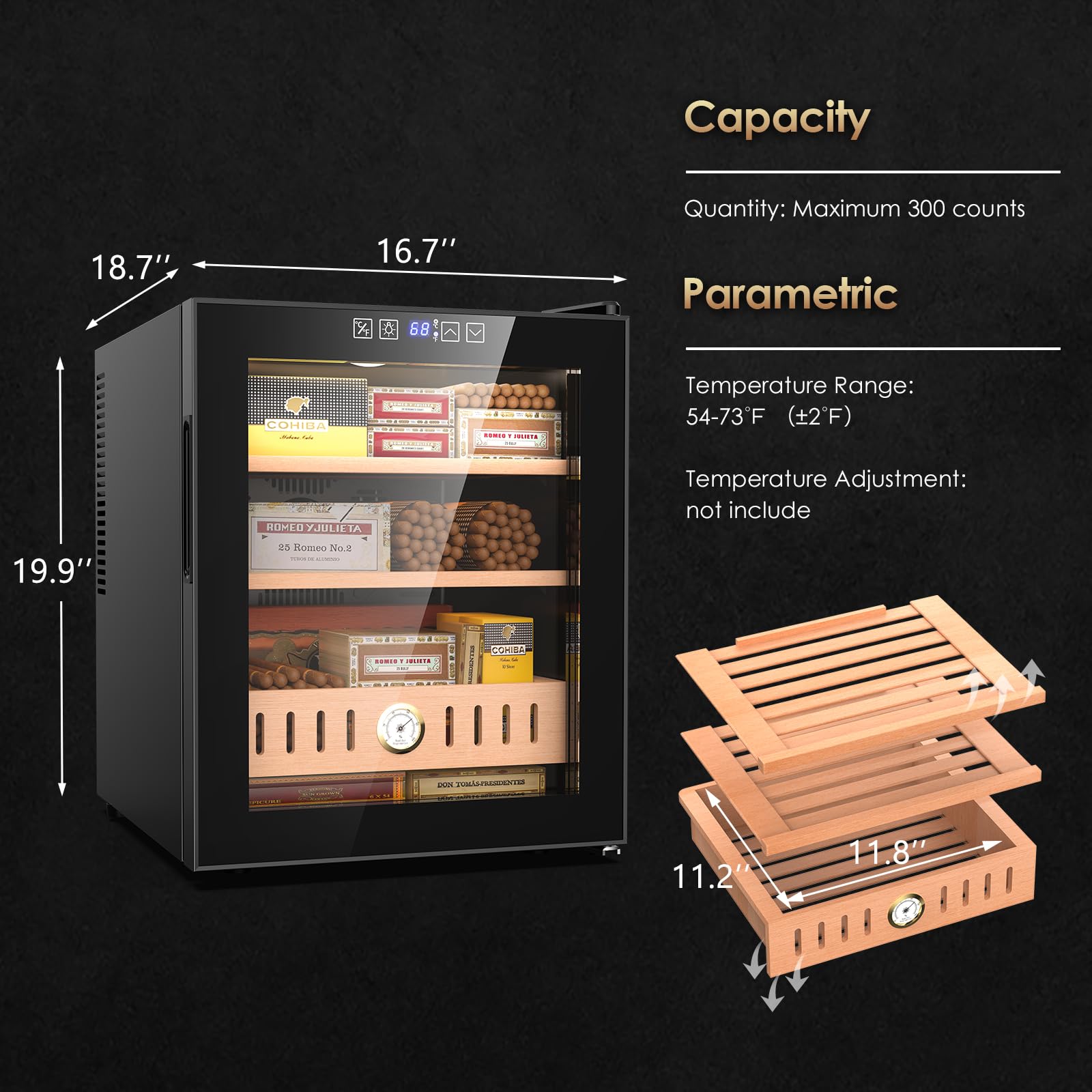 50L Electric Humidity Control Cabinet - 300 Count Cooling Fridge with Temperature & Humidity Control, Adjustable Shelves & Digital Hygrometer | Perfect for Storing Cigars, Wine, Cheese, and Medications