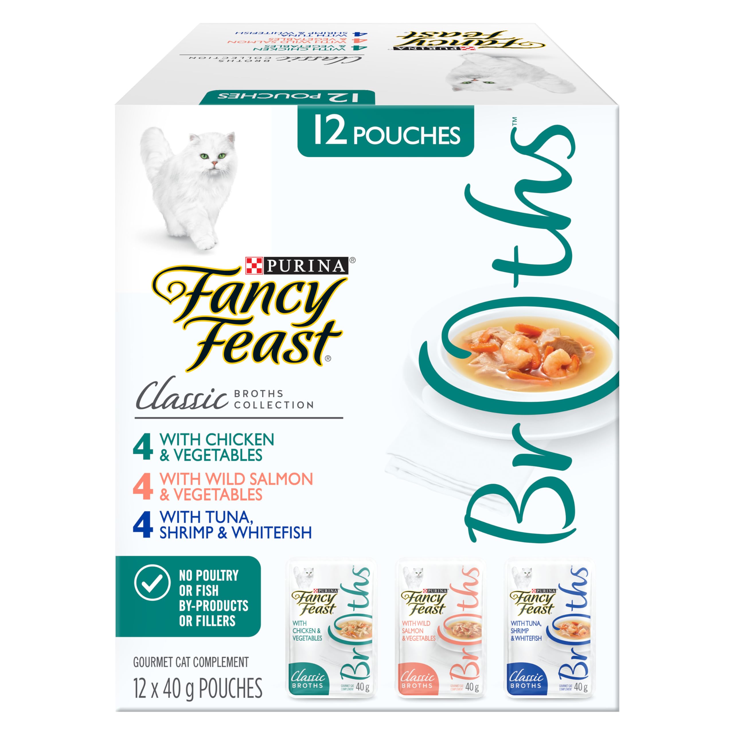 Fancy Feast Classic Broths Cat Food Complement - Variety Pack with 3 Delicious Flavors (12 Pack, 40g Pouches) | Wet Cat Food Topper for Picky Eaters & Senior Cats | Perfect for Enhancing Dry Food or as Hydration Supplement