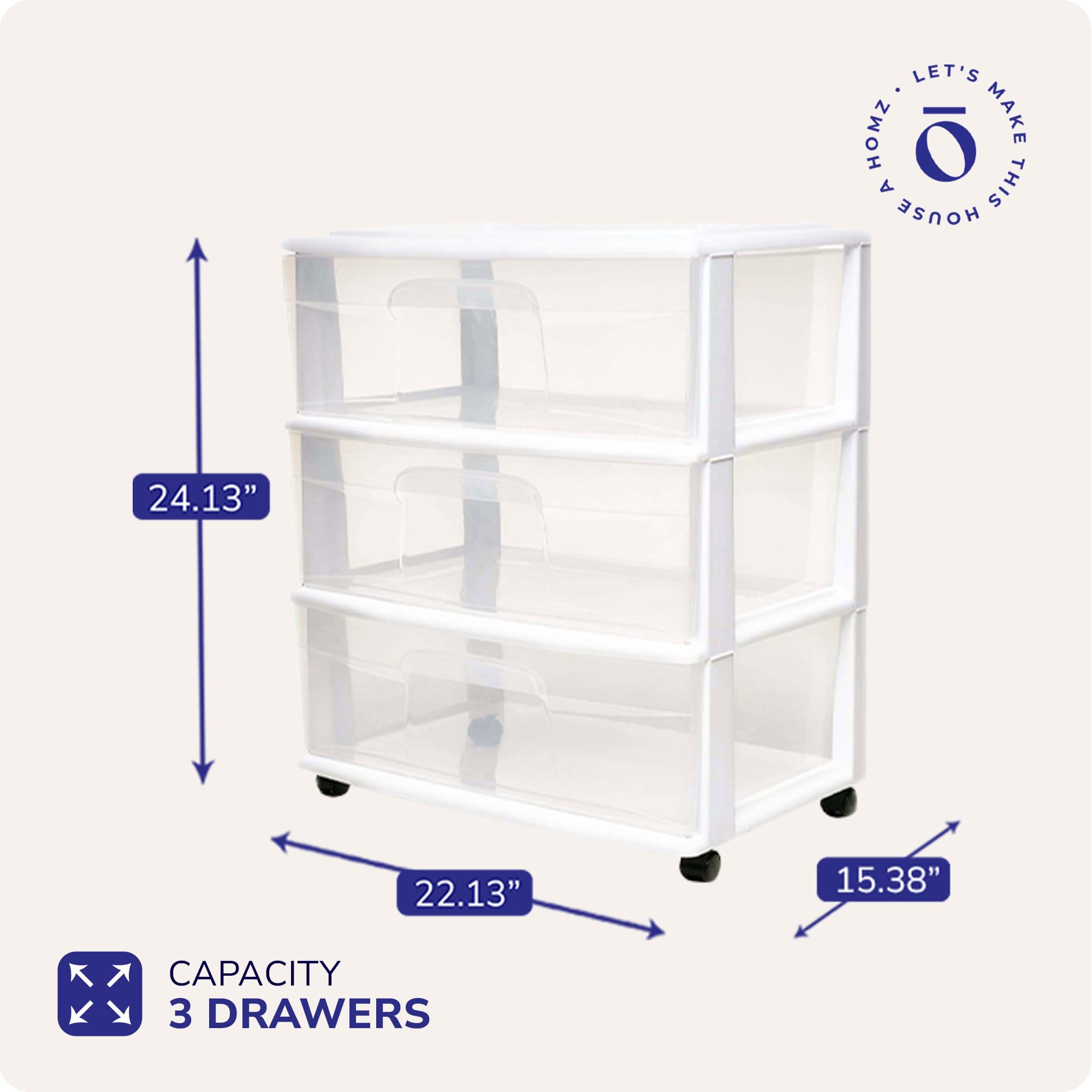 HOMZ 3-Tier Clear Plastic Storage Drawer Tower - White Organizer for Home & Office