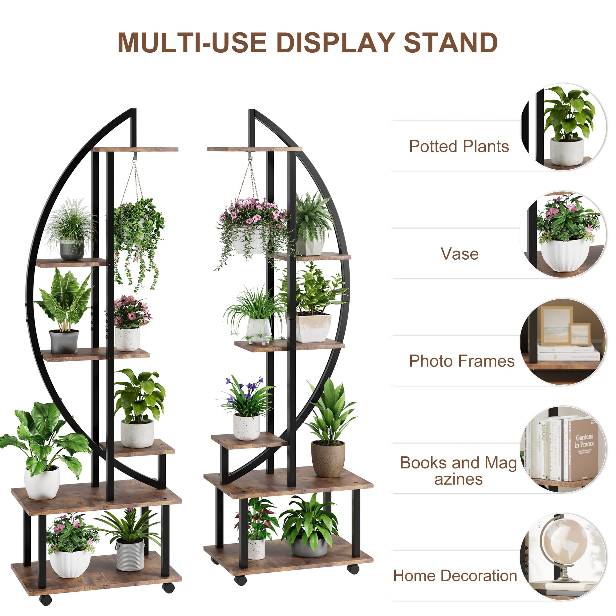 GARVEE 2-Pack 6-Tier Tall Metal Plant Stand with Detachable Wheels, Half Moon Shape & Storage Drawers - Indoor/Outdoor Use for Home, Patio, Garden, Balcony, Living Room Decor