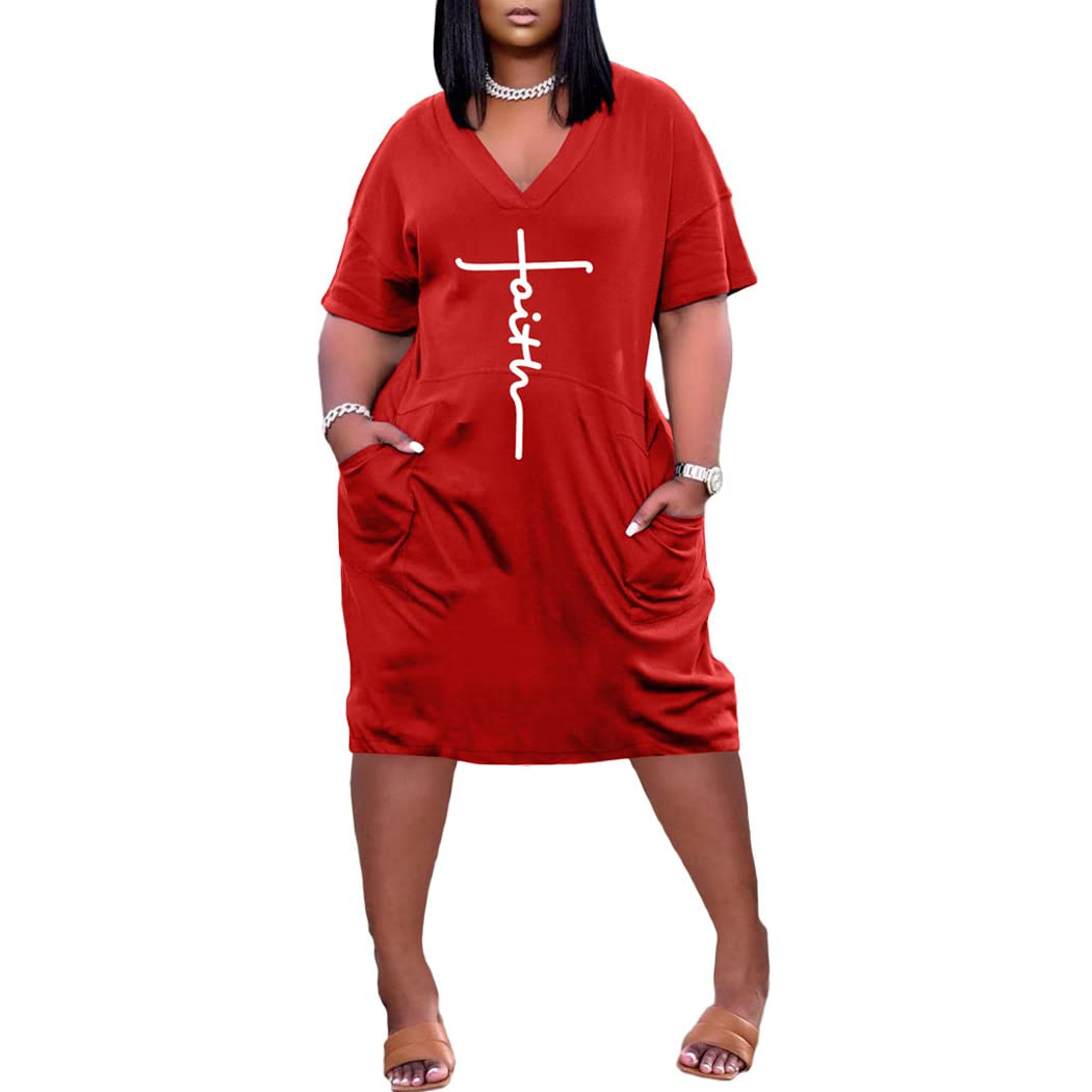 Women's Faith T-Shirt Dress - Summer Short Sleeve V-Neck Loose Casual Midi Dress with Pockets | Perfect for Church, Beach Outings & Everyday Wear