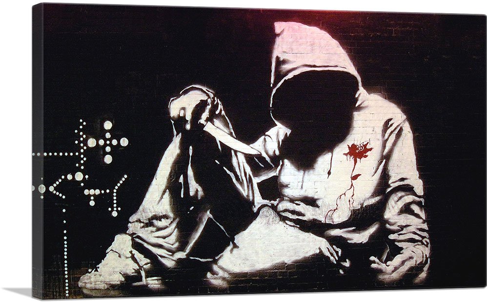 Banksy Hooded Man With Knife Canvas Art Print - 26x18 Inch Stretched Framed Wall Art, Giclee Painting Poster for Home & Office Decor | Urban Street Art Gift for Men, Living Room & Bedroom Wall Decor