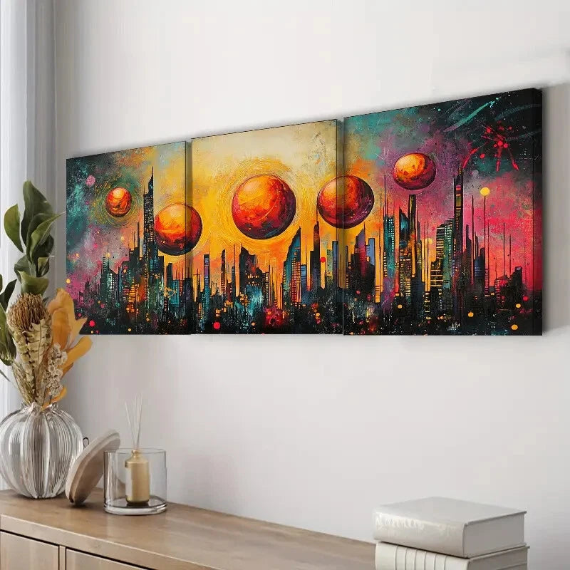 3-Piece Abstract Cityscape Skyline Beach Wall Art Set - Framed Canvas 40x60cm (16x24in) - High Quality Print - Ready to Hang - Modern Home & Office Decor - Perfect for Living Room, Bedroom or Beach House