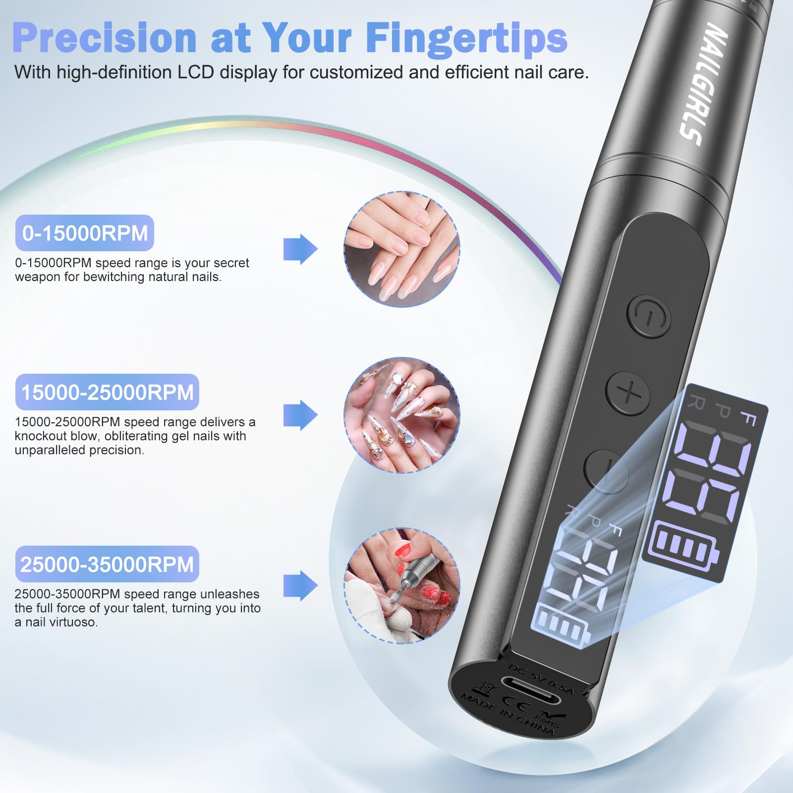 NAILGIRLS Cordless Electric Nail Drill Kit - 35000 RPM Rechargeable Nail File with 6 Drill Bits for Professional Manicure & Pedicure | Portable Nail Polisher for Acrylic Nails, Gel Polish Removal & Salon Quality Home Care (Gray)