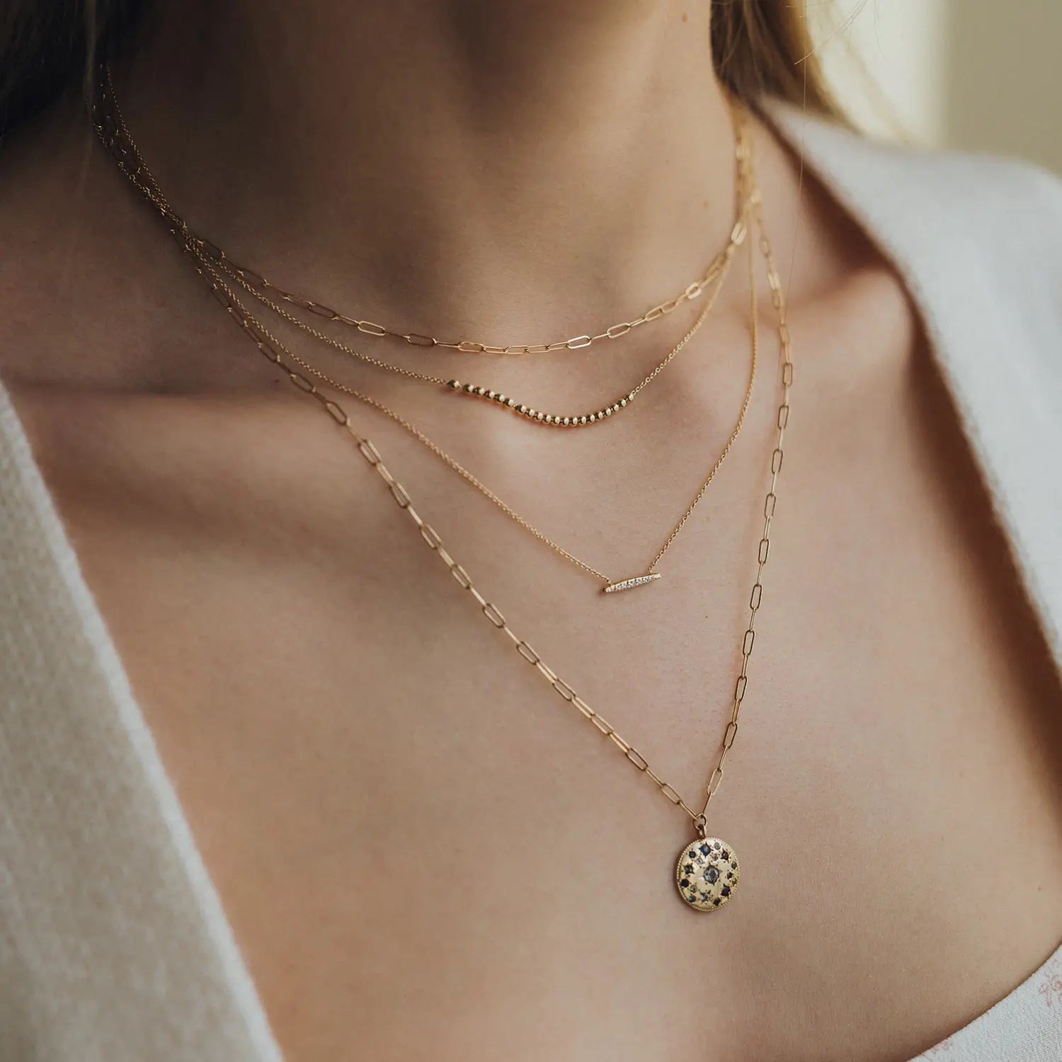 14K Yellow Gold Tie Dye Moonchild Medallion Necklace with Blue Sapphire – 20 Inch Boho Chic Jewelry for Women, Perfect for Festivals, Beach Parties & Layered Necklace Styling