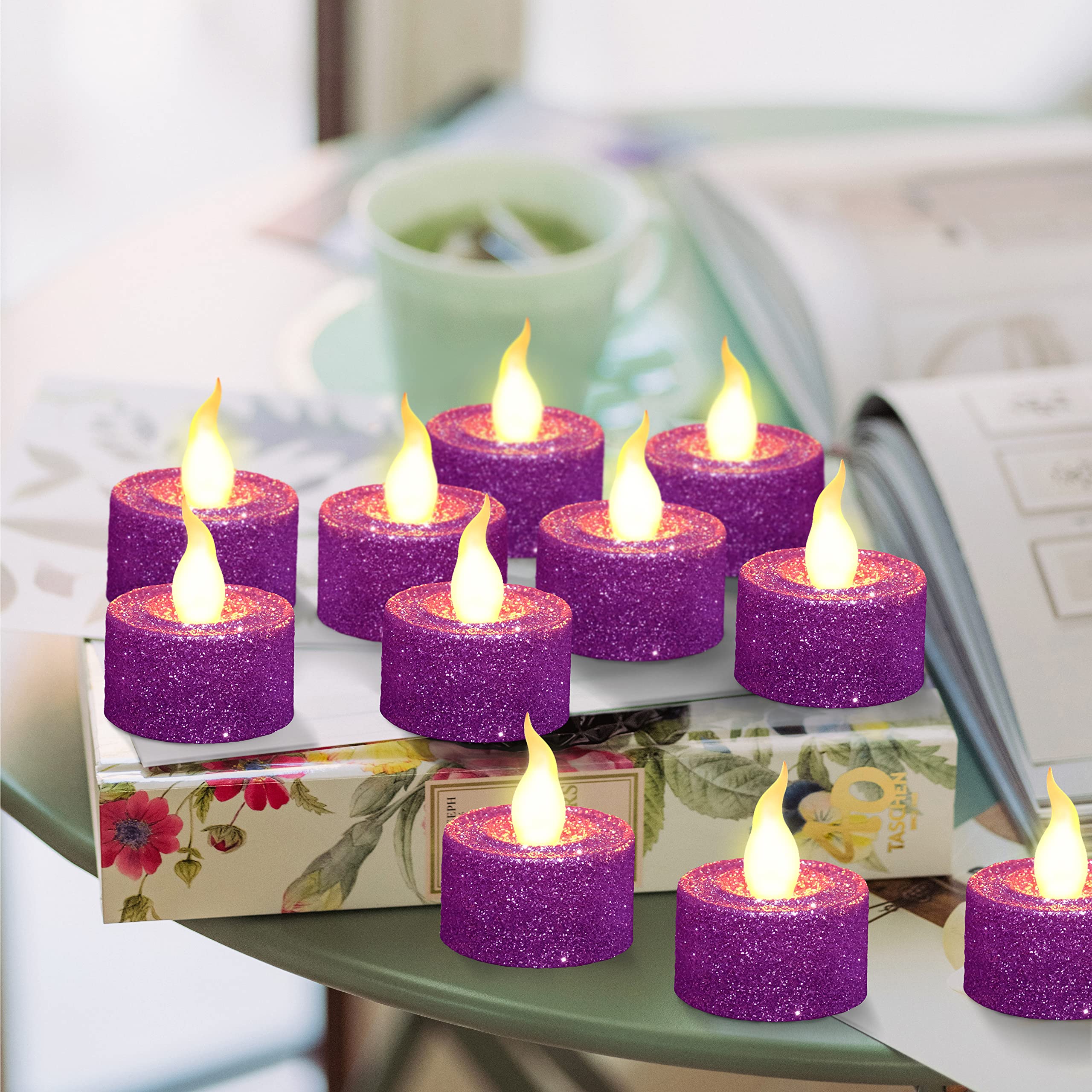 FURORA LIGHTING Purple Glitter LED Tealight Candles - Pack of 12 Flameless Flickering Battery Operated Tea Lights - 1.5