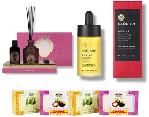 **Panpuri Distant Shores Botany Ambiance Diffuser & Omega-9 Repair Hair Serum Oil Set A38 – DHL Express Shipping | Free Tomato Facial Mask – Aromatherapy & Hair Care for Relaxation & Hydration**