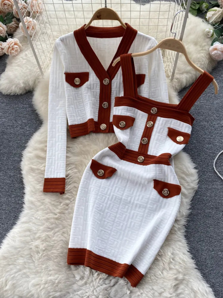 Women's Autumn Knitwear Suits - Cozy Knitted Cardigan Coat & Suspender Knit Dress 2-Piece Set | Streetwear Outfit for Fall Fashion, Date Nights & Casual Wear